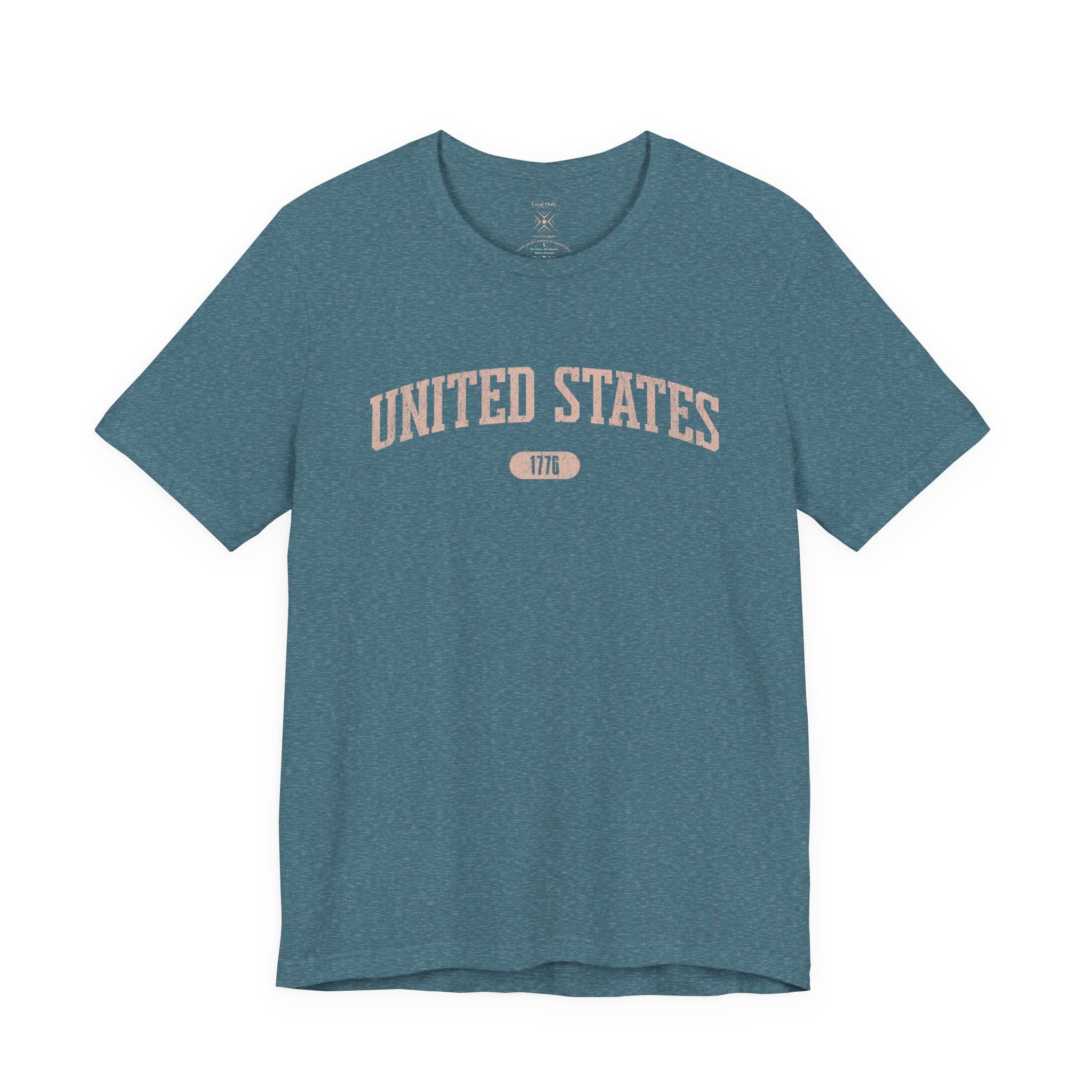 Heather Deep Teal t-shirt with 'UNITED STATES 1776' in transcendent pink collegiate text.