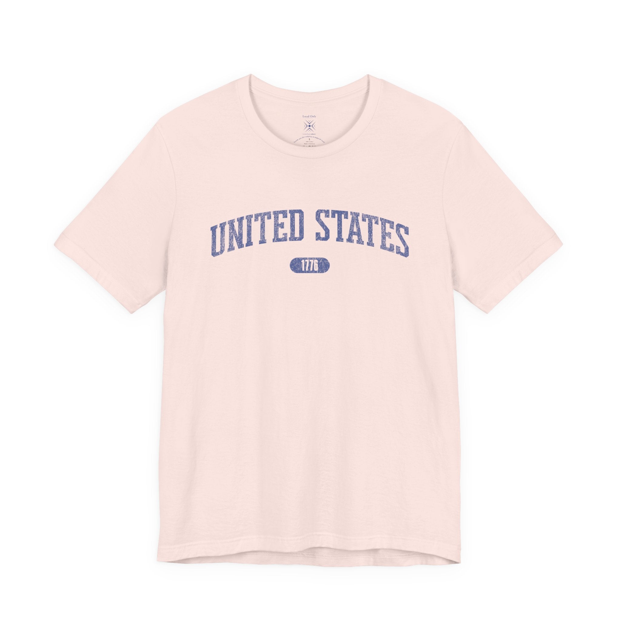 Soft Pink t-shirt with 'UNITED STATES 1776' in blue collegiate text.