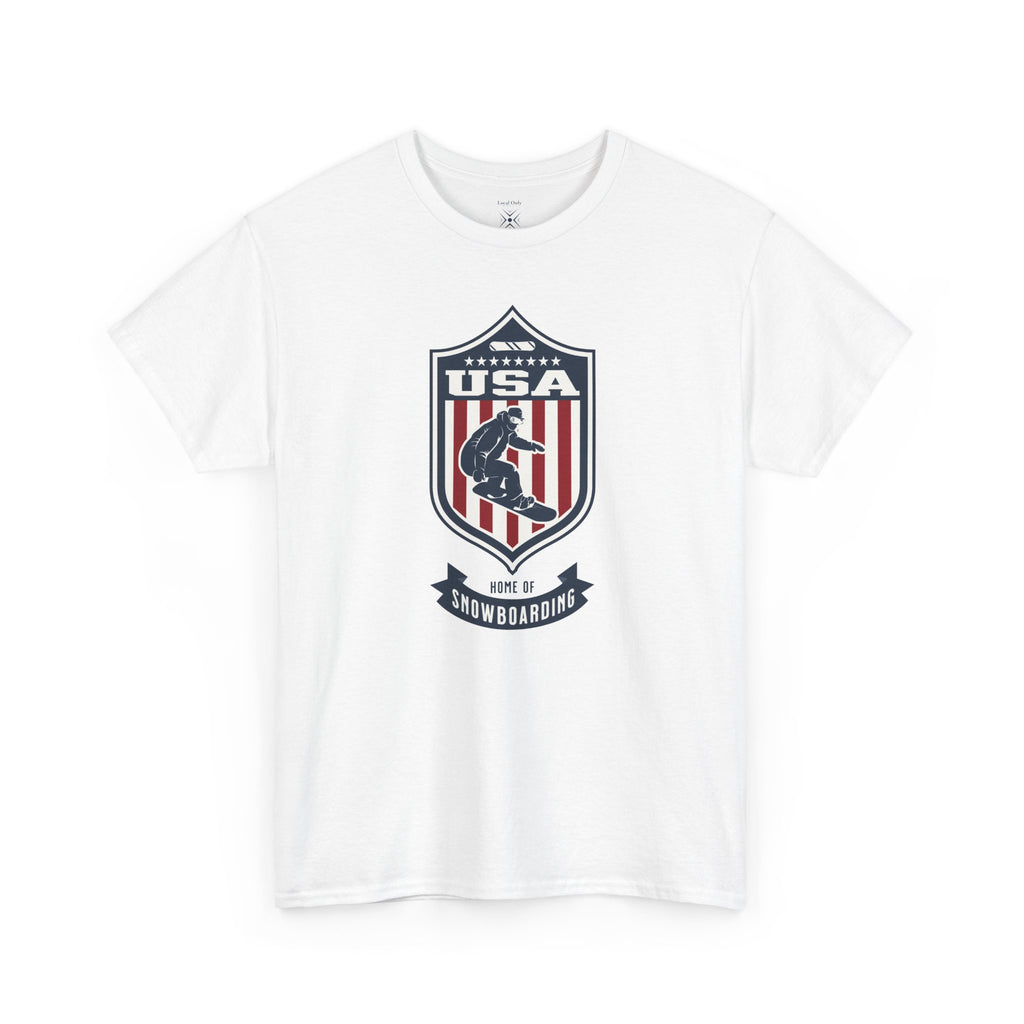 USA Home Of Snowboarding Vintage Athletic T-Shirt – Navy Red White Crest Graphic