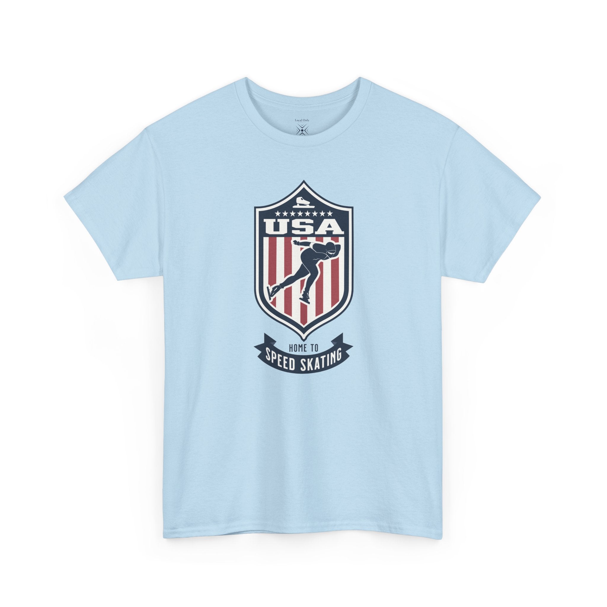 USA Home To Speed Skating Vintage Athletic T-Shirt – Navy Red White Crest Graphic