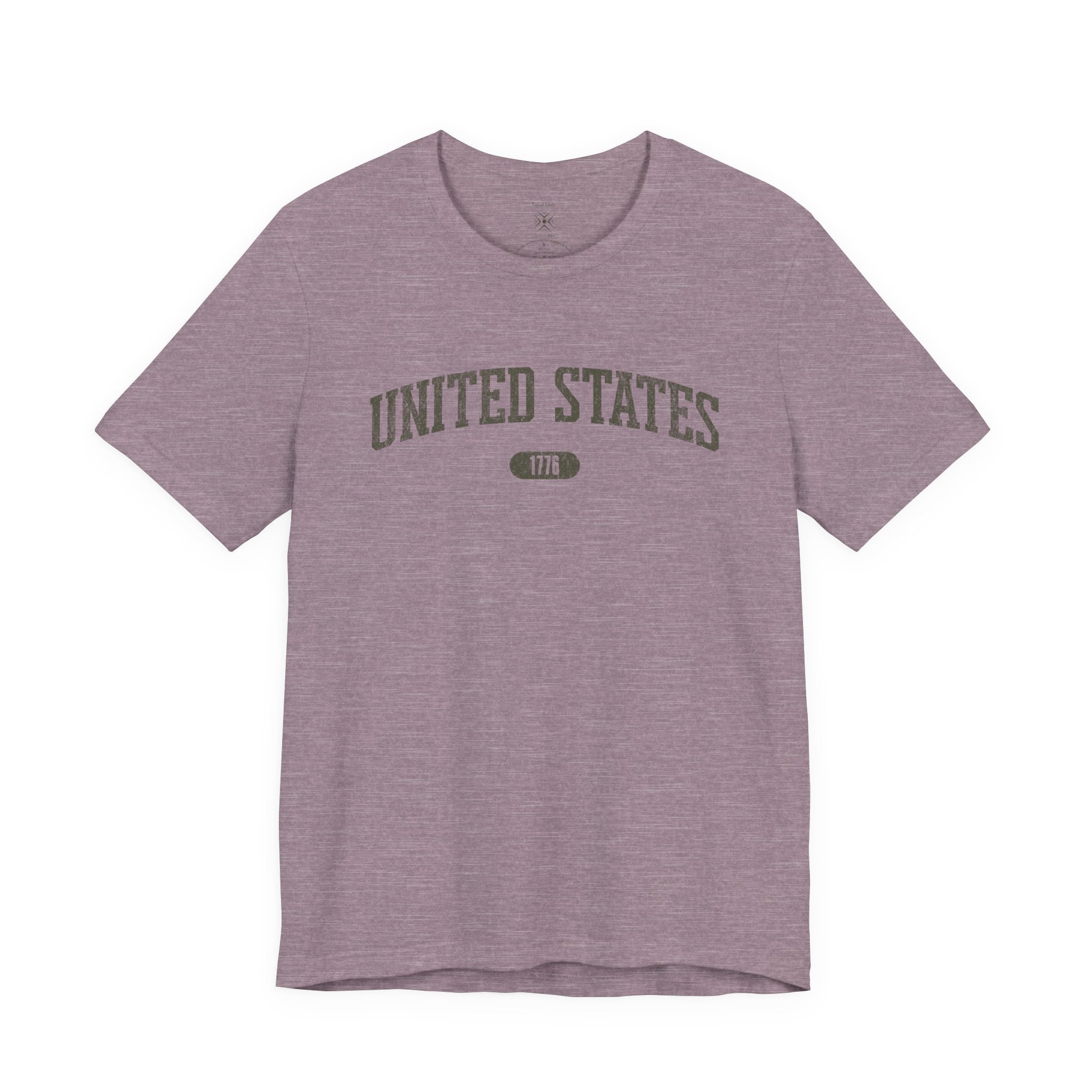 Heather Purple t-shirt with 'UNITED STATES 1776' in olive green collegiate text.