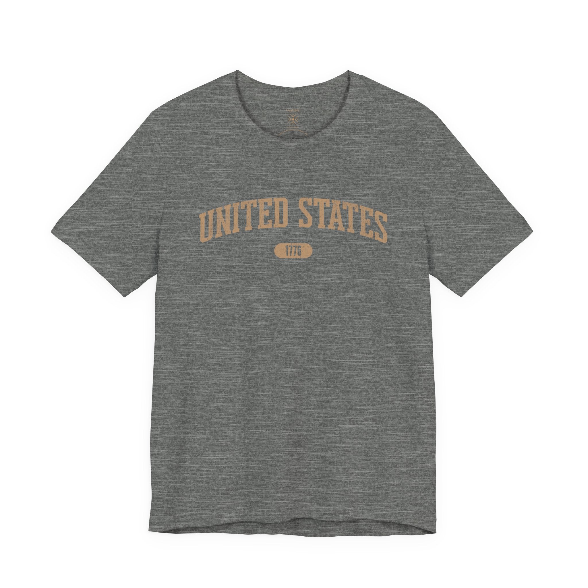 Deep Heather t-shirt with 'UNITED STATES 1776' in tan collegiate text.