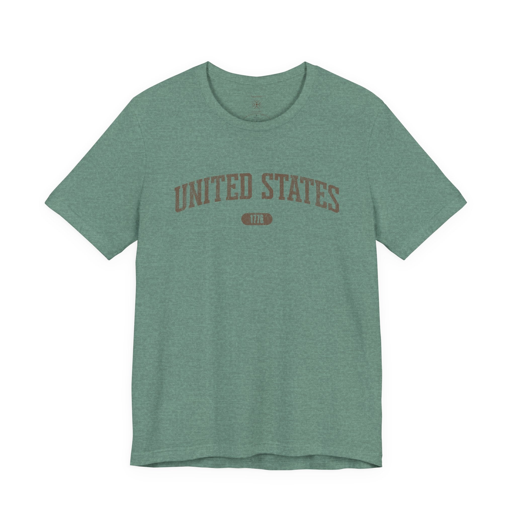 Heather Dusty Blue t-shirt with 'UNITED STATES 1776' in brown collegiate text.