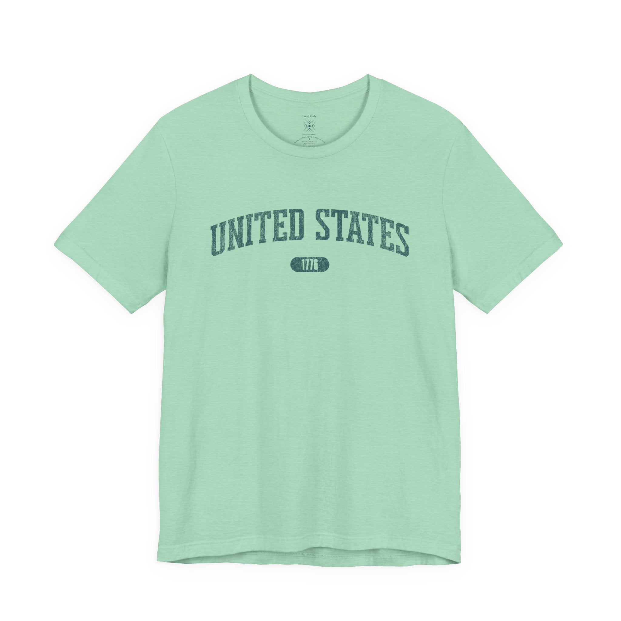Heather Mint t-shirt with 'UNITED STATES 1776' in teal collegiate text.