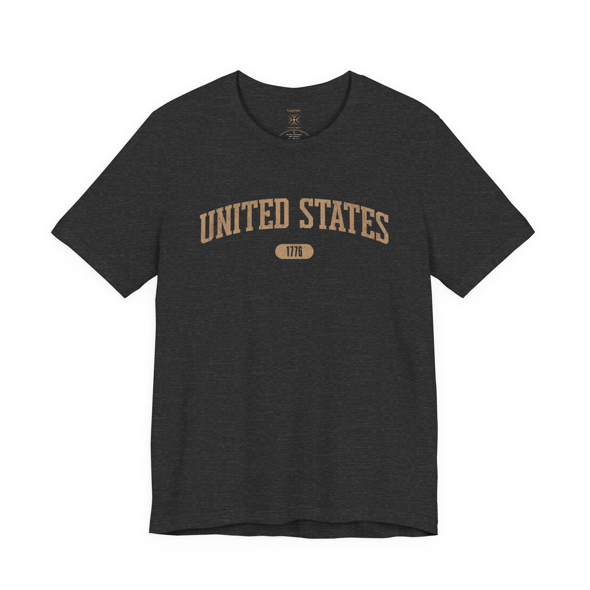 Dark Heather Gray t-shirt with 'UNITED STATES 1776' in tan collegiate text.