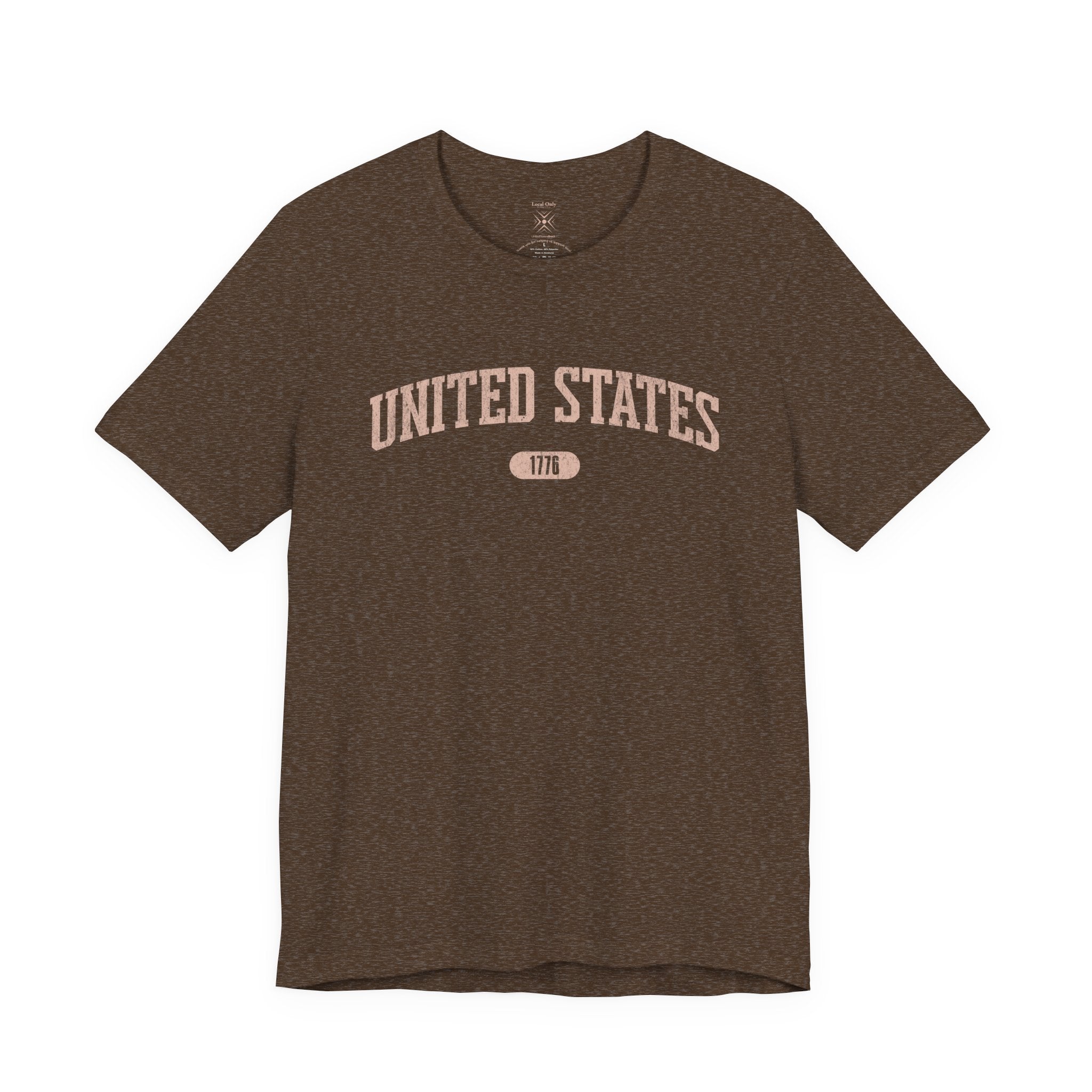 Heather Brown t-shirt with 'UNITED STATES 1776' in transcendent pink collegiate text.