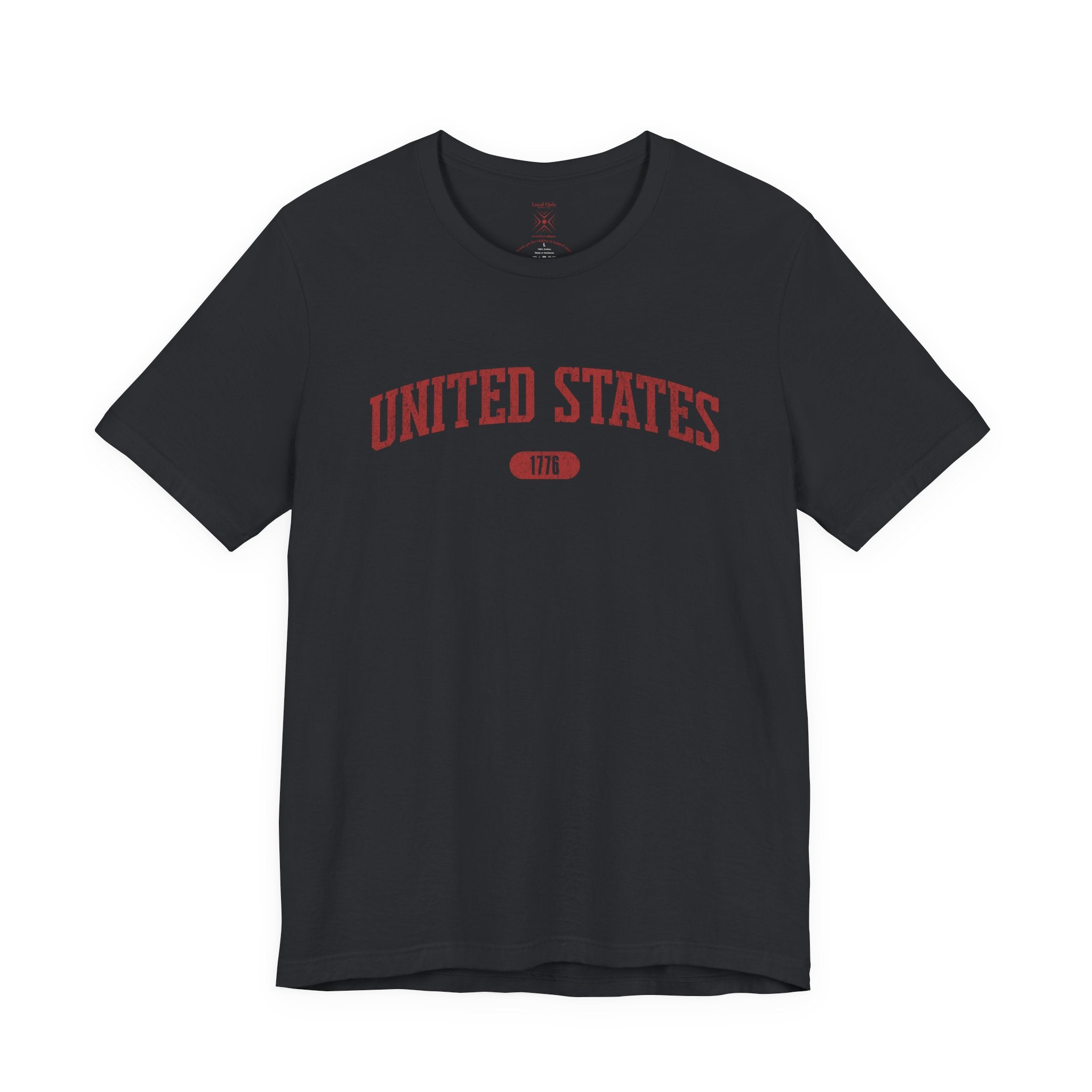 Vintage Black t-shirt with 'UNITED STATES 1776' in red collegiate text.
