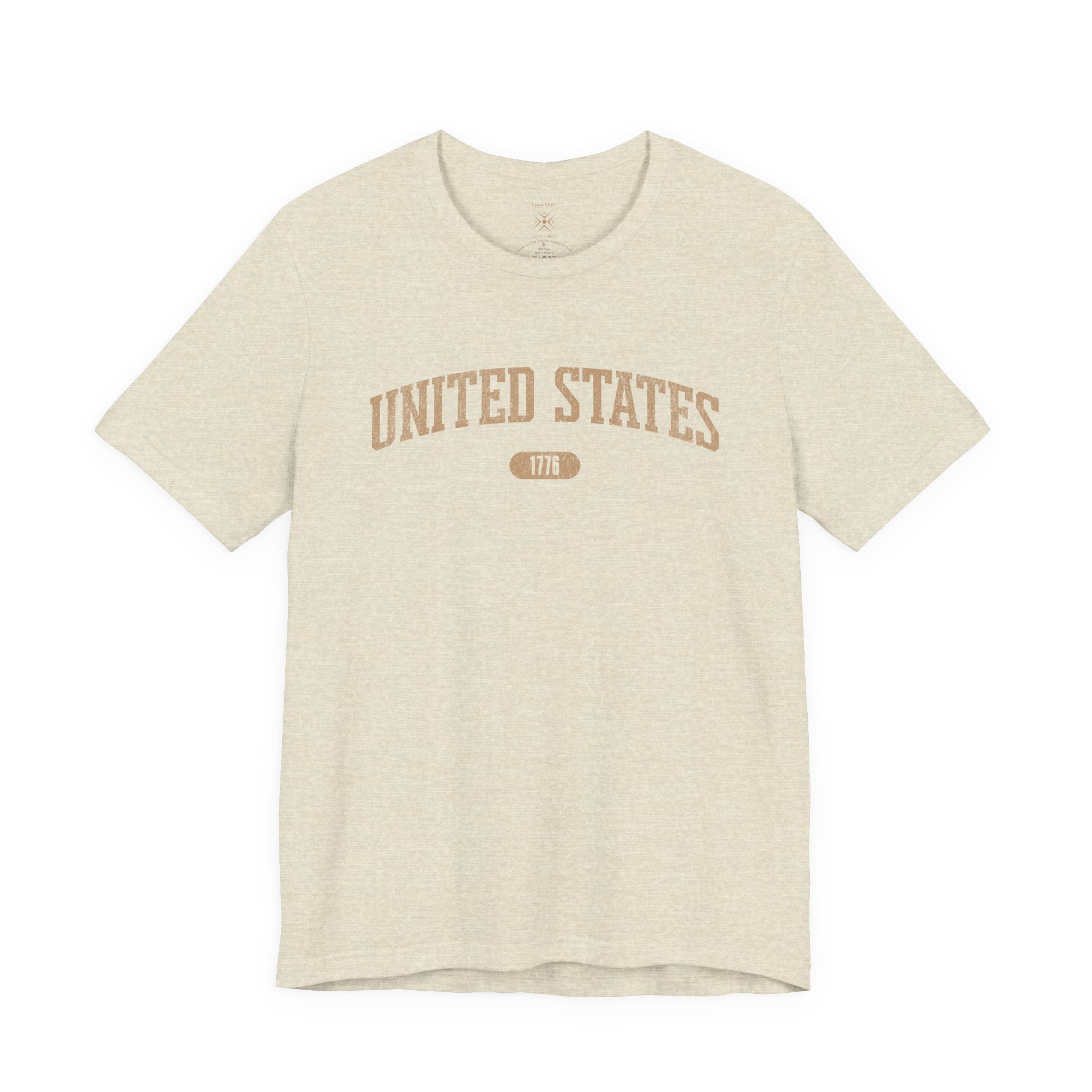 Heather Prism Natural t-shirt with 'UNITED STATES 1776' in tan collegiate text.