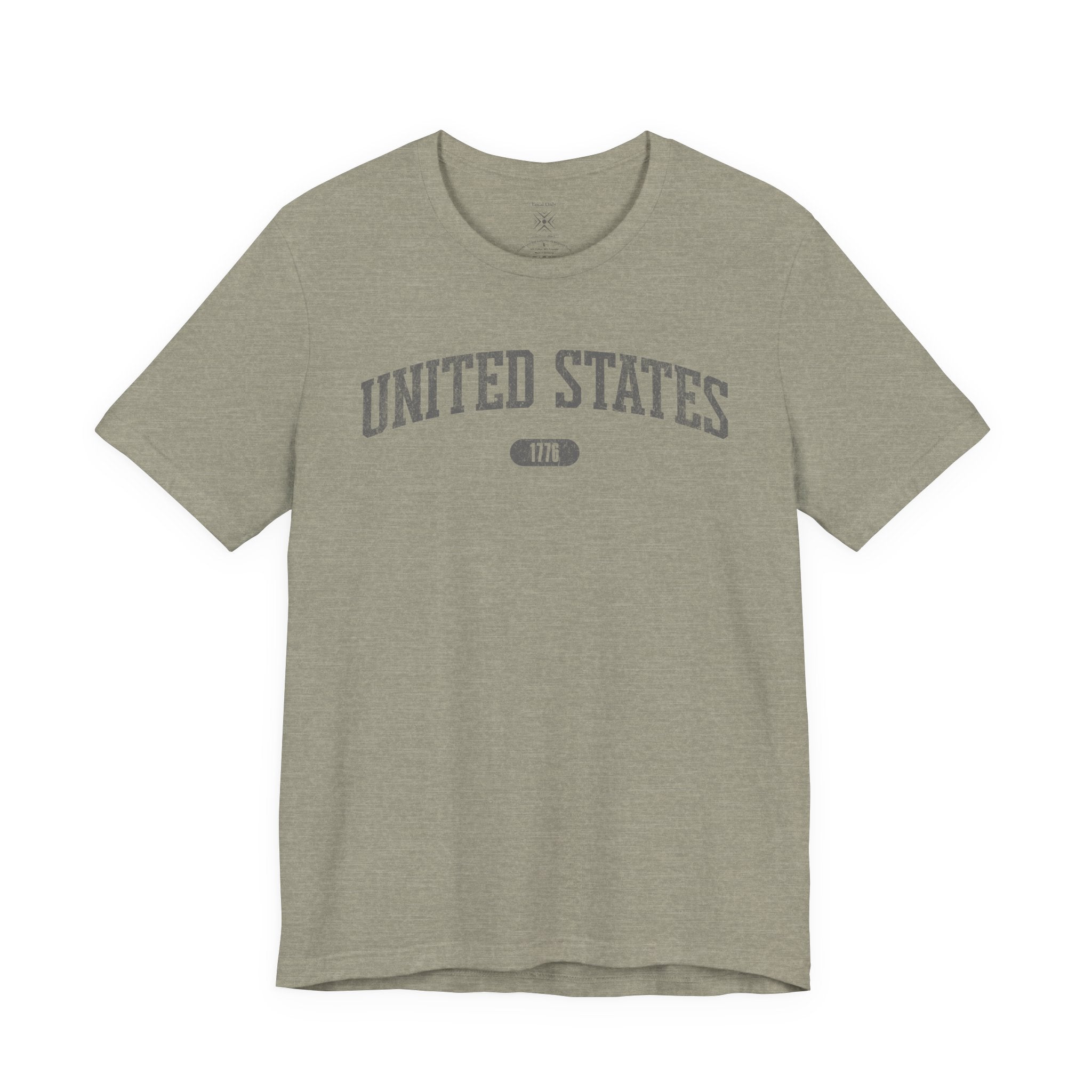 Heather Stone t-shirt with 'UNITED STATES 1776' in gray collegiate text.