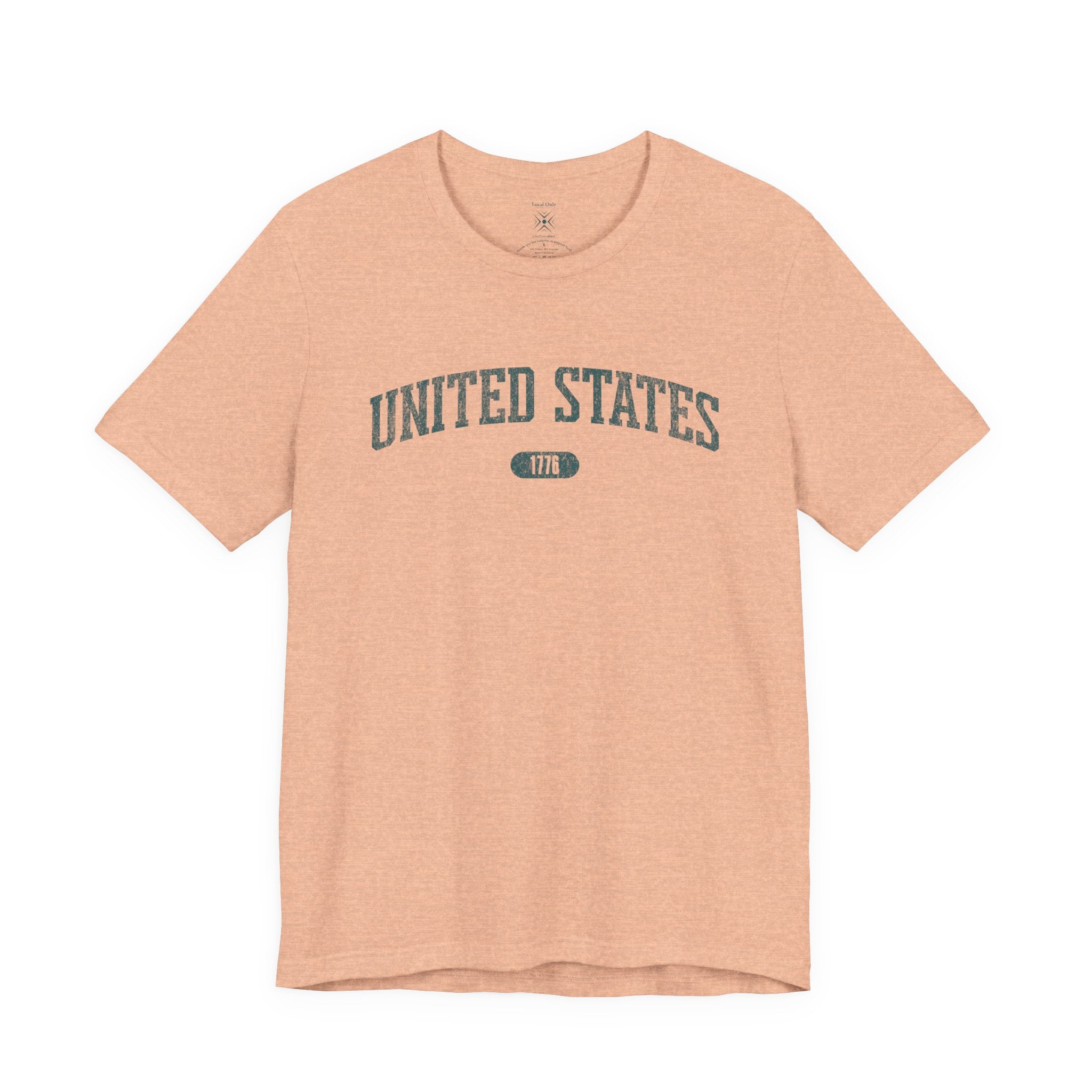 Heather Peach t-shirt with 'UNITED STATES 1776' in teal collegiate text.