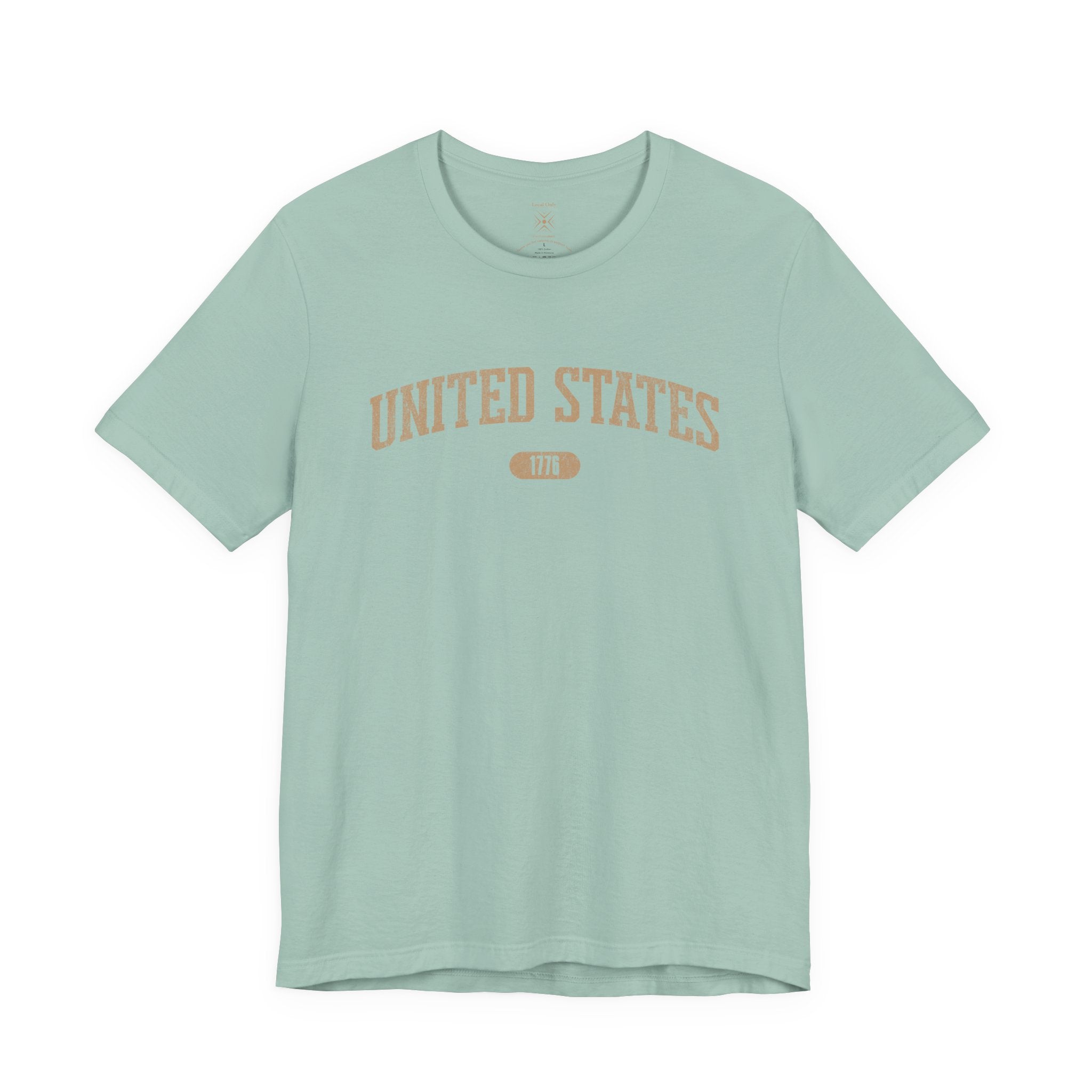 Dusty Blue t-shirt with 'UNITED STATES 1776' in tan collegiate text.