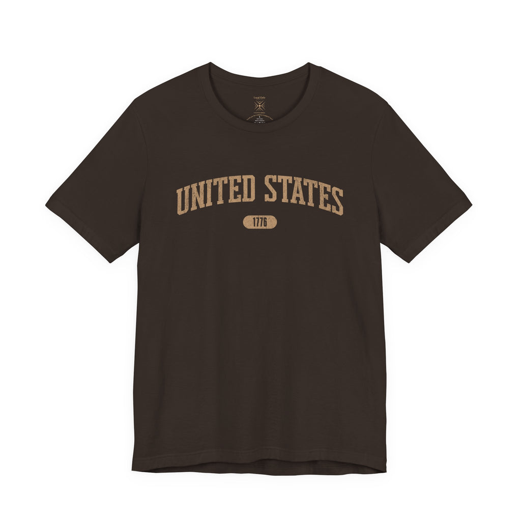Brown t-shirt with 'UNITED STATES 1776' in tan collegiate text.