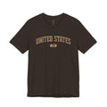 Brown t-shirt with 'UNITED STATES 1776' in tan collegiate text.