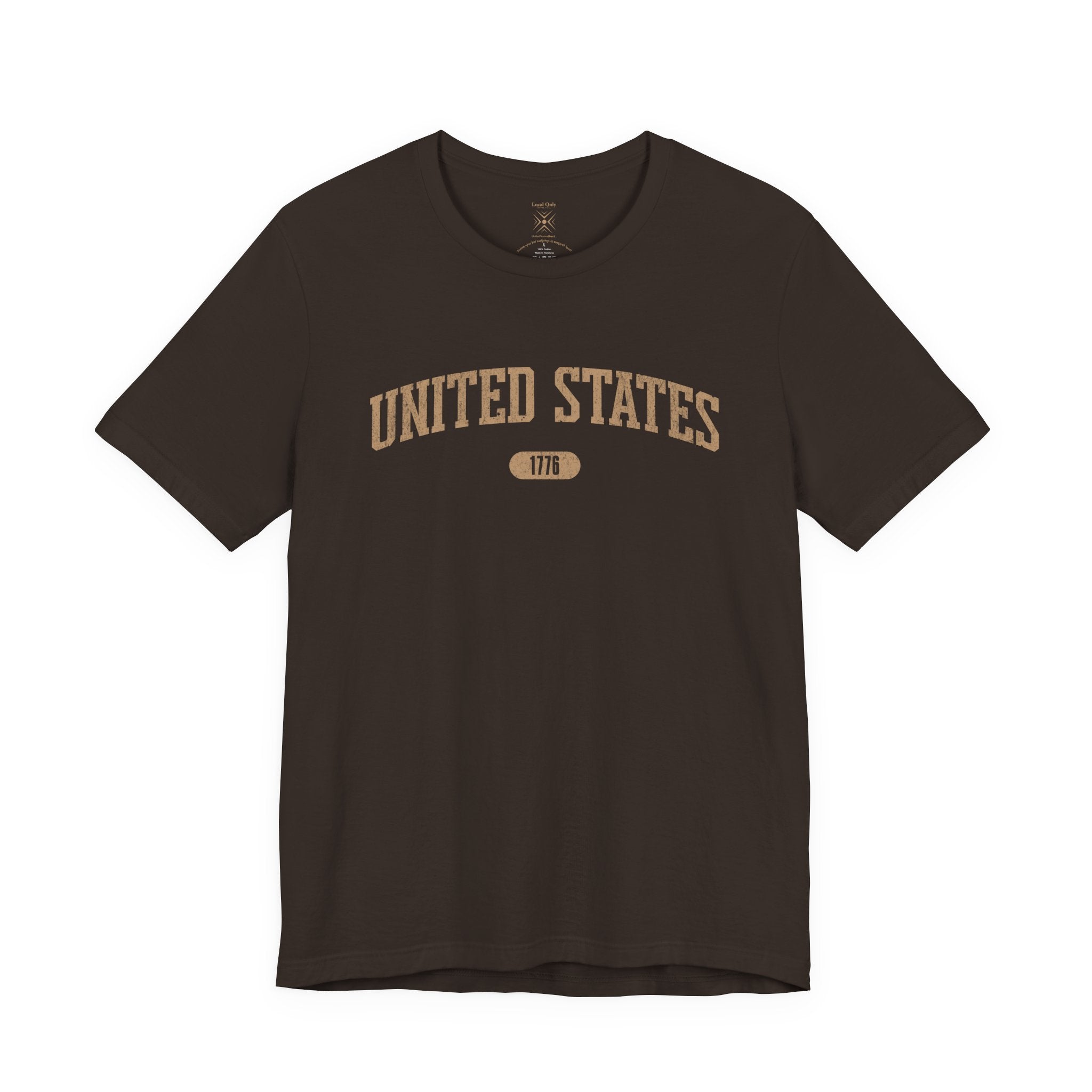 Brown t-shirt with 'UNITED STATES 1776' in tan collegiate text.
