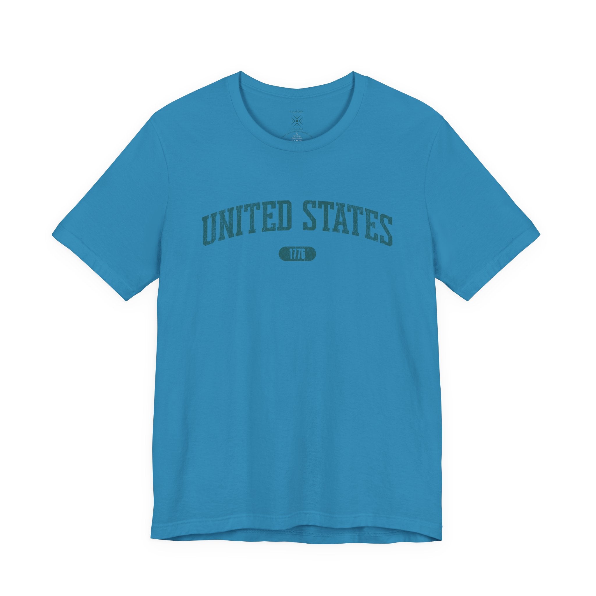 Aqua t-shirt with 'UNITED STATES 1776' in teal collegiate text.