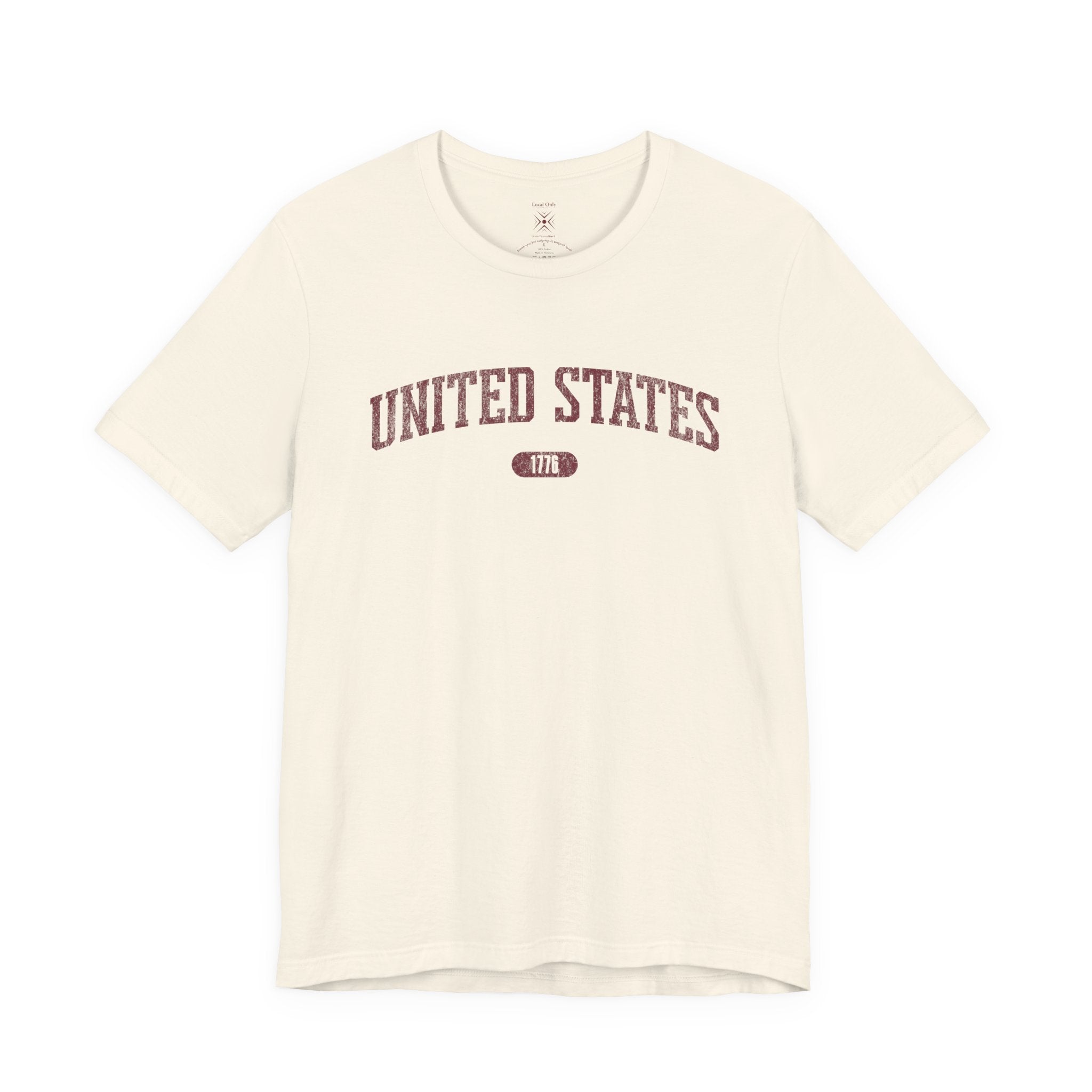 Natural t-shirt with 'UNITED STATES 1776' in burgundy collegiate text.