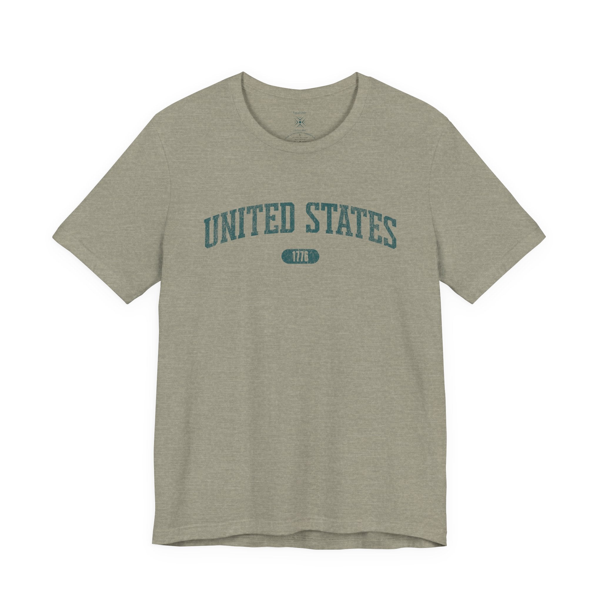 Heather Stone t-shirt with 'UNITED STATES 1776' in teal collegiate text.