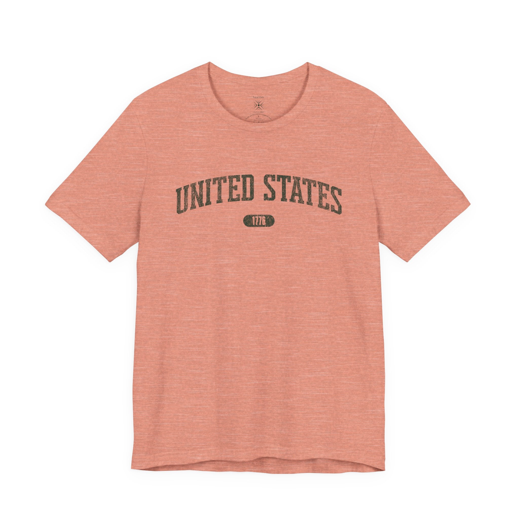 Heather Prism Sunset t-shirt with 'UNITED STATES 1776' in forest green collegiate text.