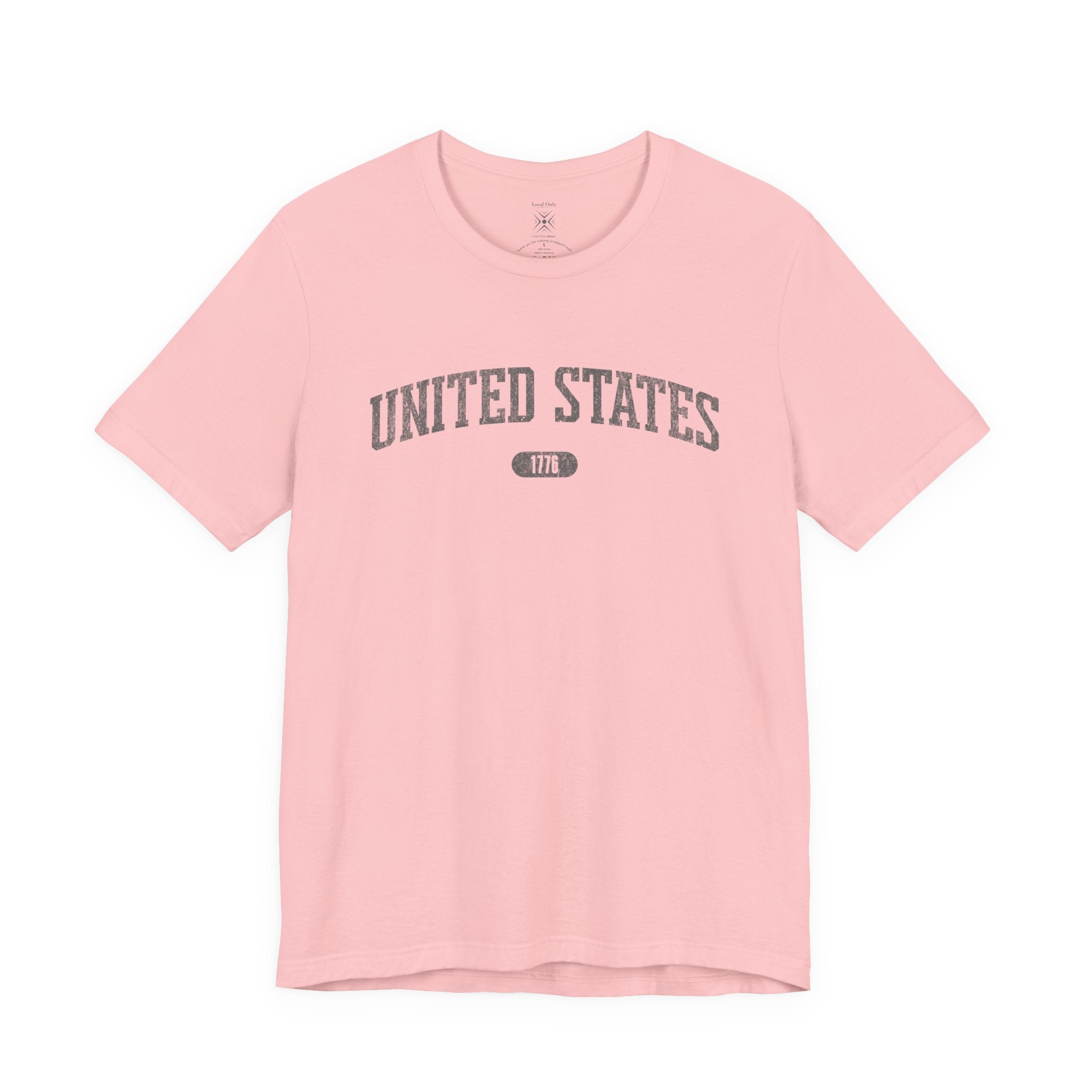Pink t-shirt with 'UNITED STATES 1776' in gray collegiate text.