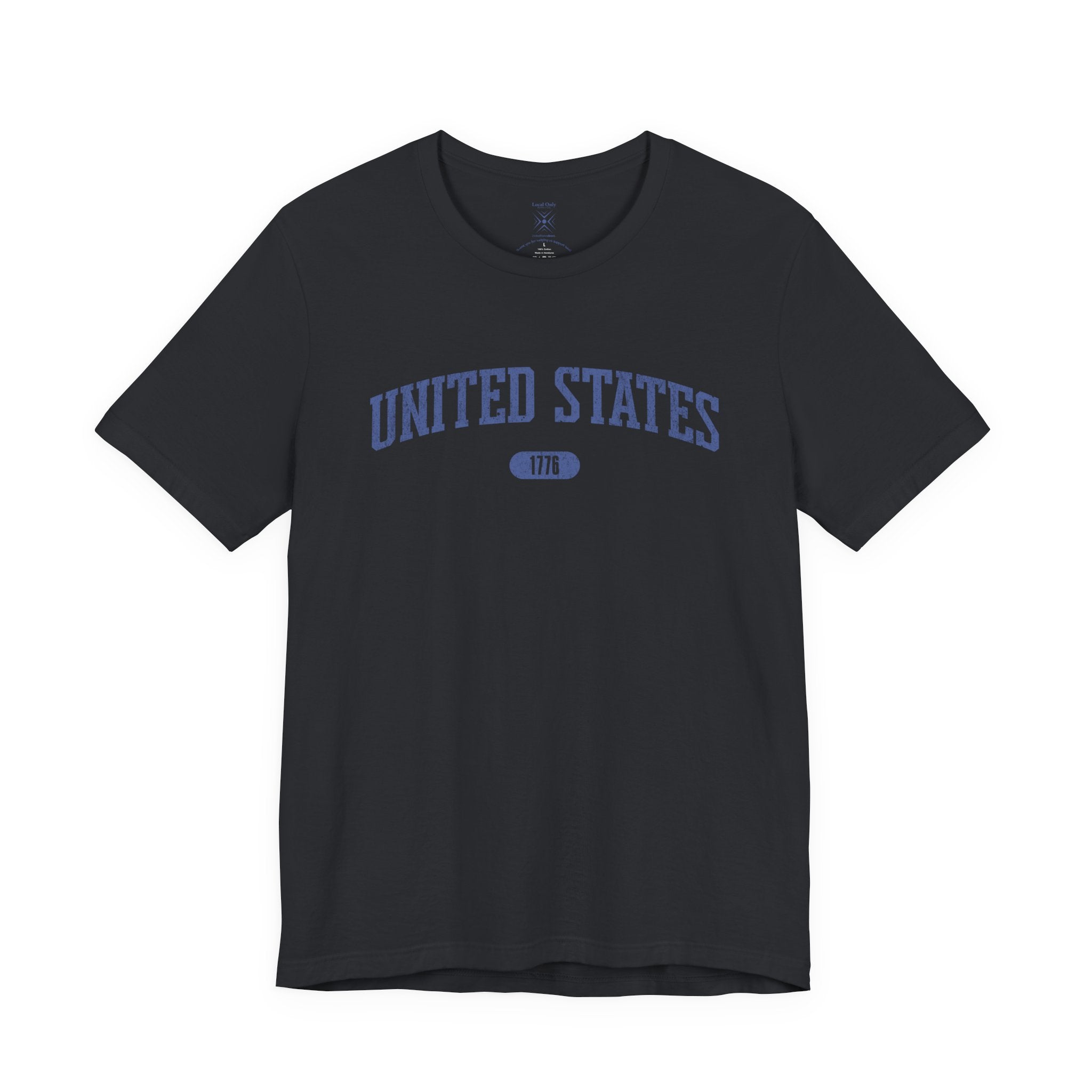 Vintage Black t-shirt with 'UNITED STATES 1776' in blue collegiate text.