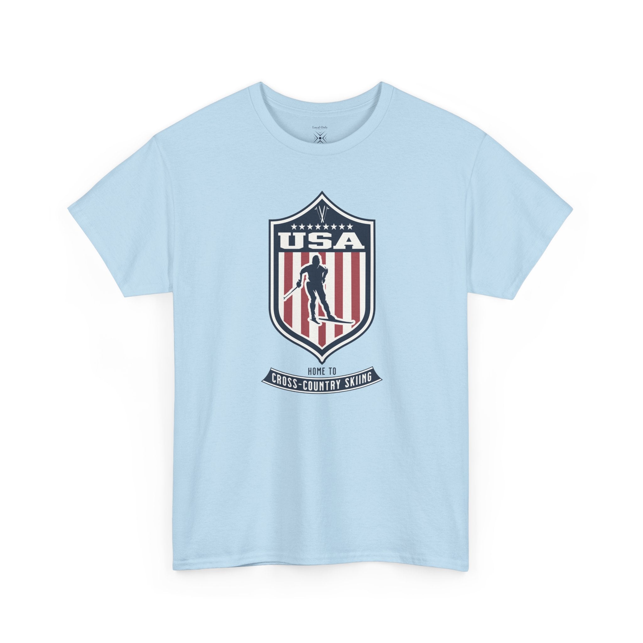 USA Home To Cross-Country Skiing Vintage Athletic T-Shirt – Navy Red White Crest Graphic