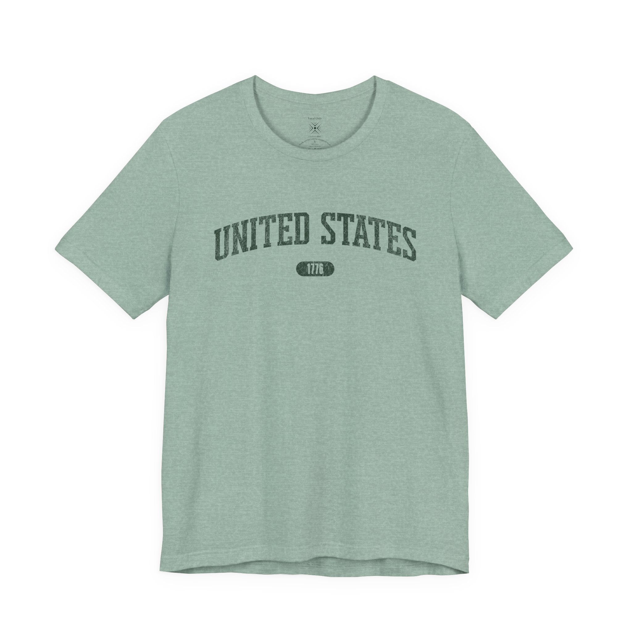 Heather Prism Dusty Blue t-shirt with 'UNITED STATES 1776' in forest green collegiate text.