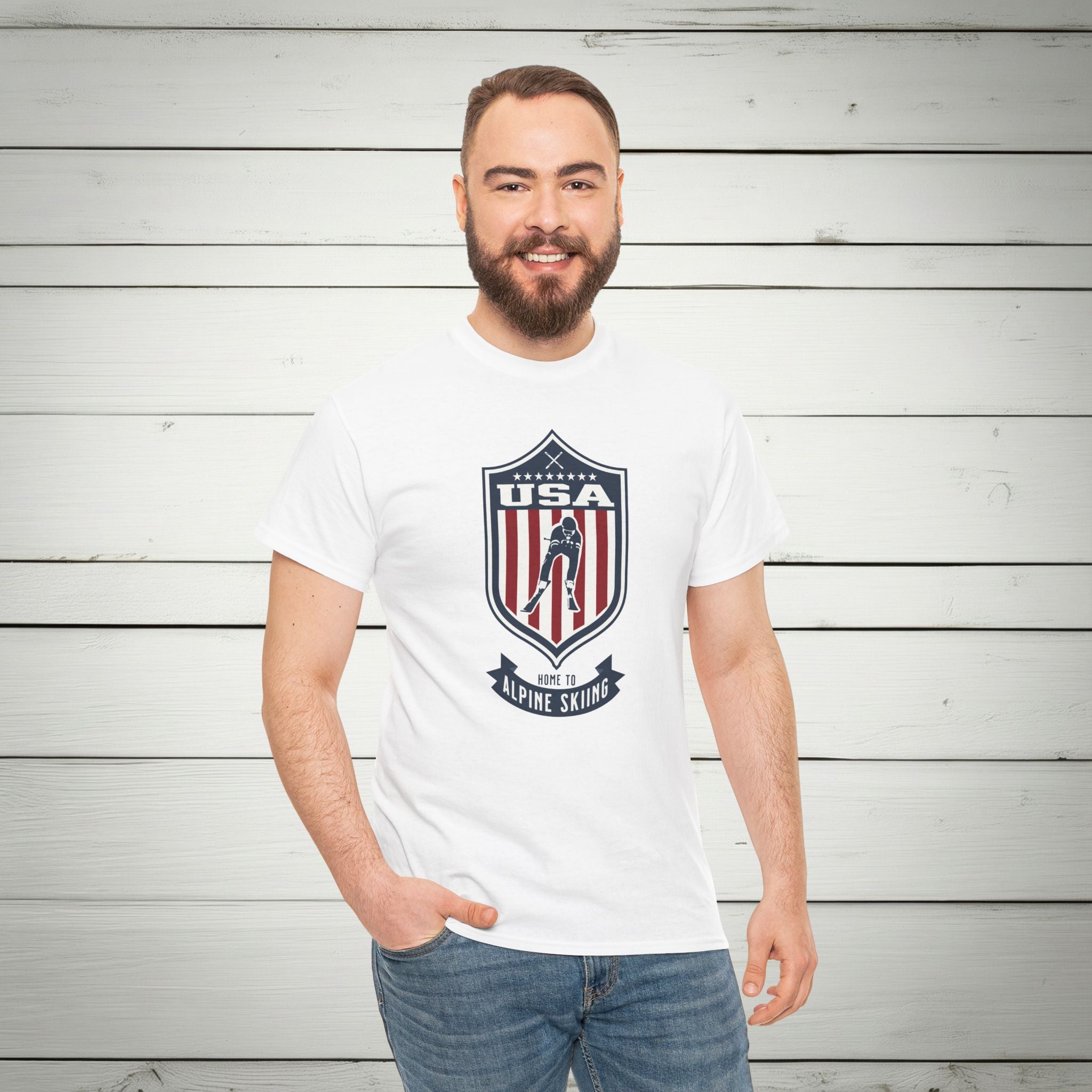 USA Home To Alpine Skiing Vintage Athletic T-Shirt – Navy Red White Crest Graphic