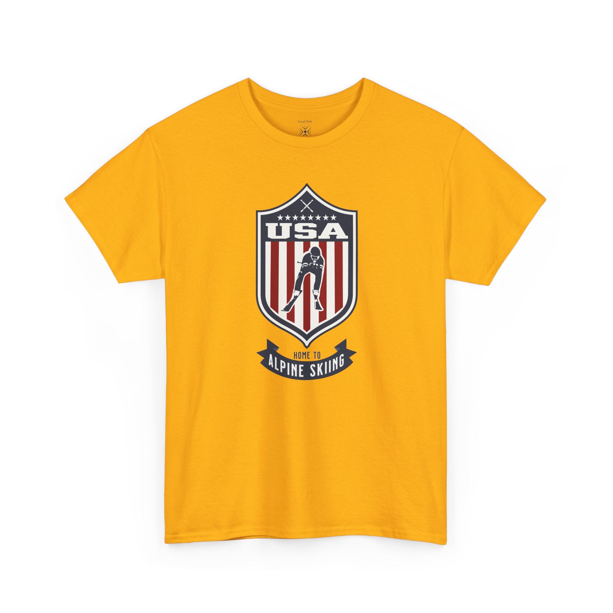 USA Home To Alpine Skiing Vintage Athletic T-Shirt – Navy Red White Crest Graphic