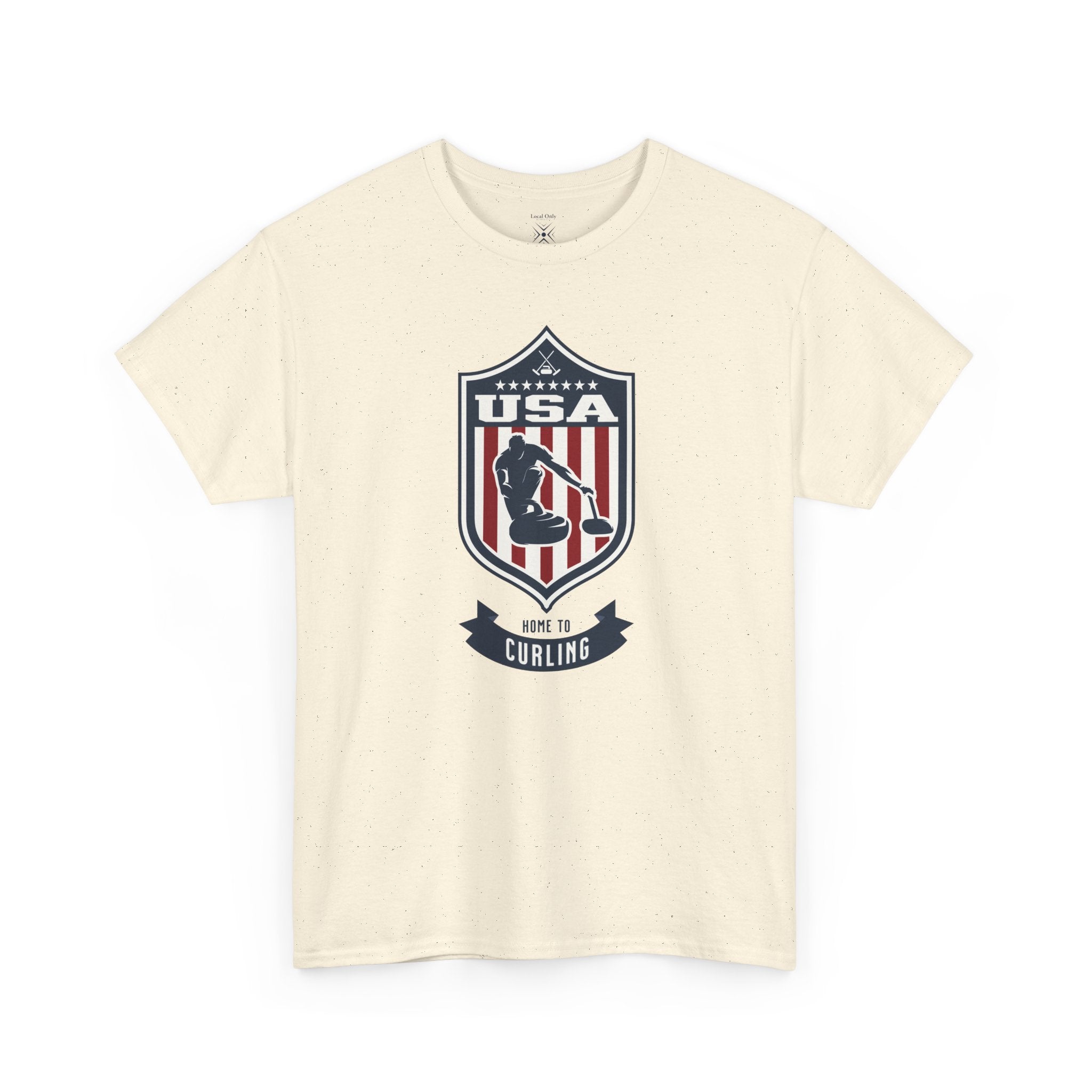 USA Home To Curling Vintage Athletic T-Shirt – Navy Red White Crest Graphic