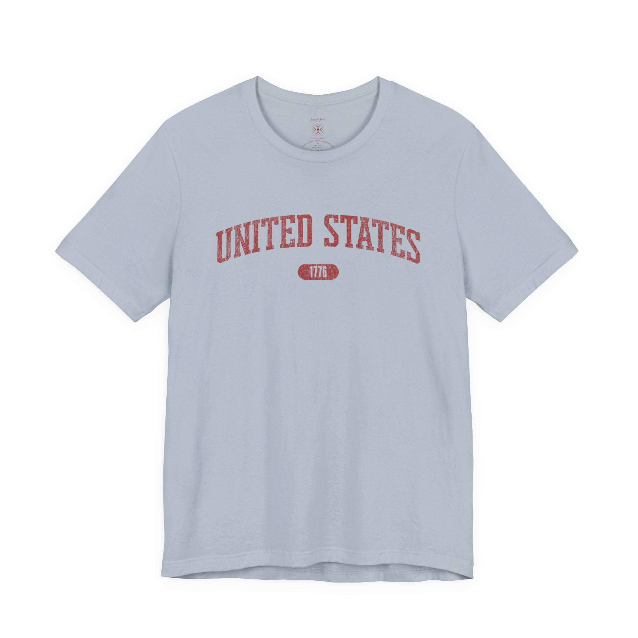 Light Blue t-shirt with 'UNITED STATES 1776' in red collegiate text