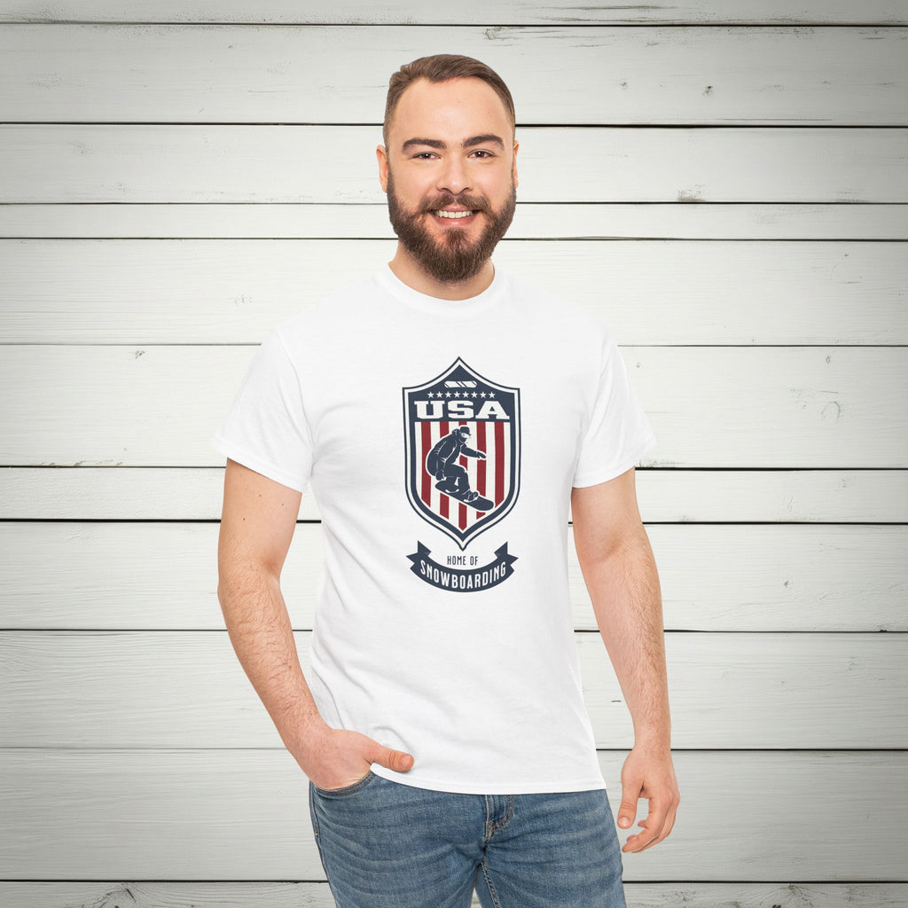 USA Home Of Snowboarding Vintage Athletic T-Shirt – Navy Red White Crest Graphic