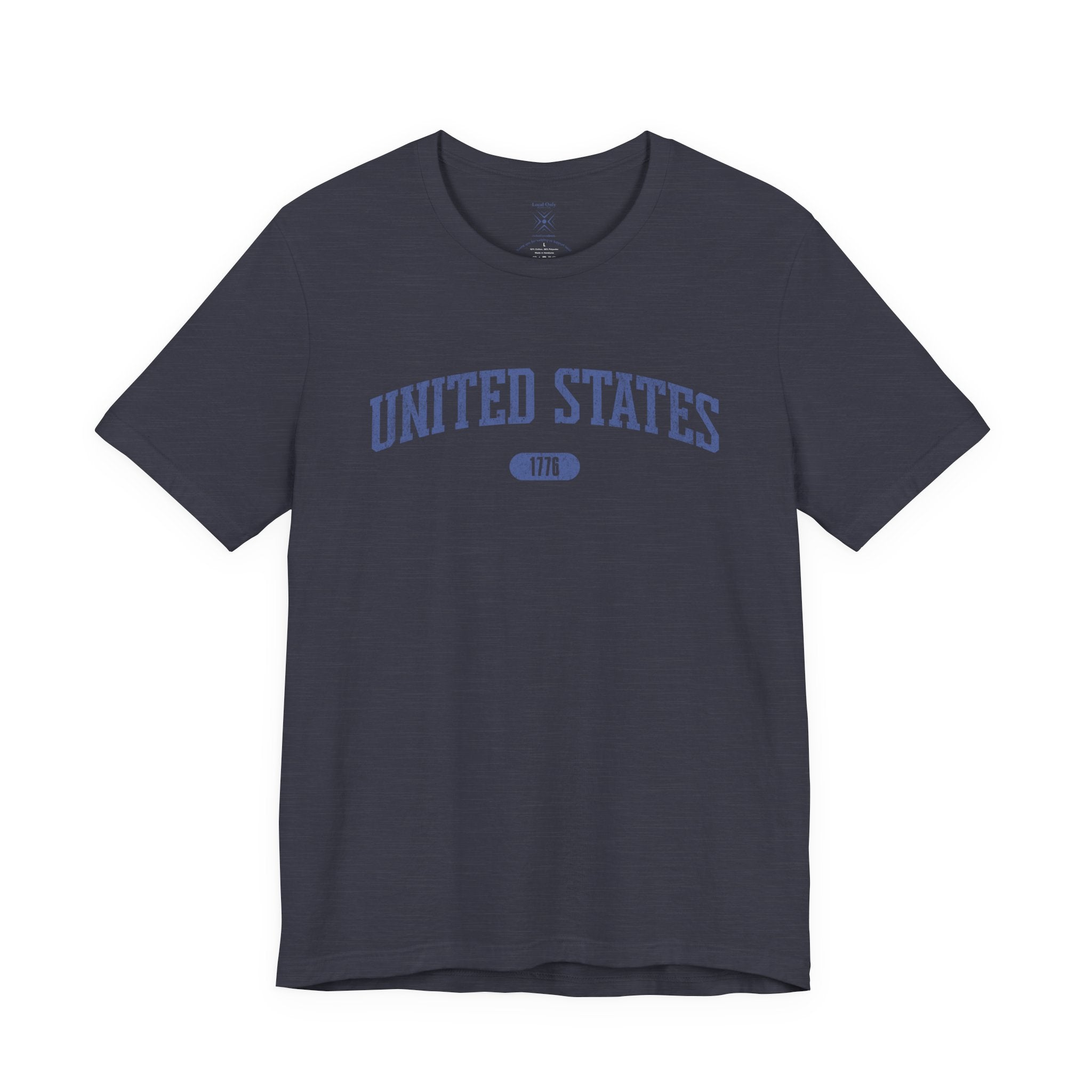 Heather Midnight Navy t-shirt with 'UNITED STATES 1776' in blue collegiate text.