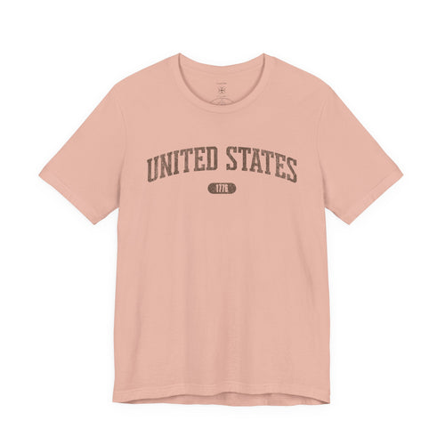United States 1776 Vintage Collegiate T-Shirt – Brown Graphic – Colorful