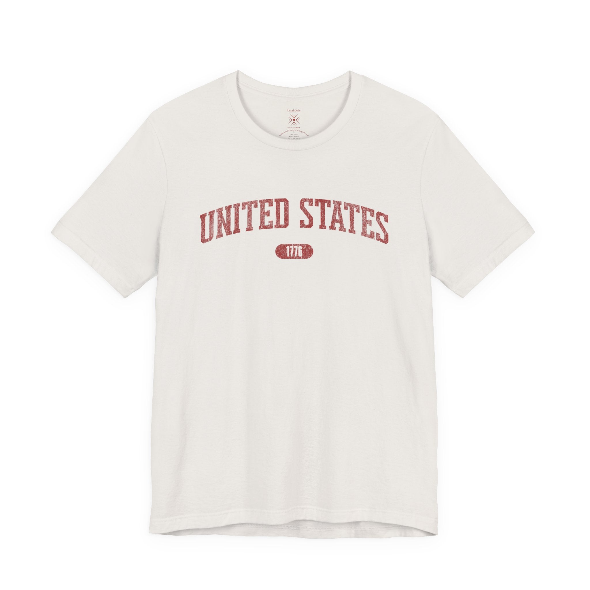 Vintage White t-shirt with 'UNITED STATES 1776' in red collegiate text.