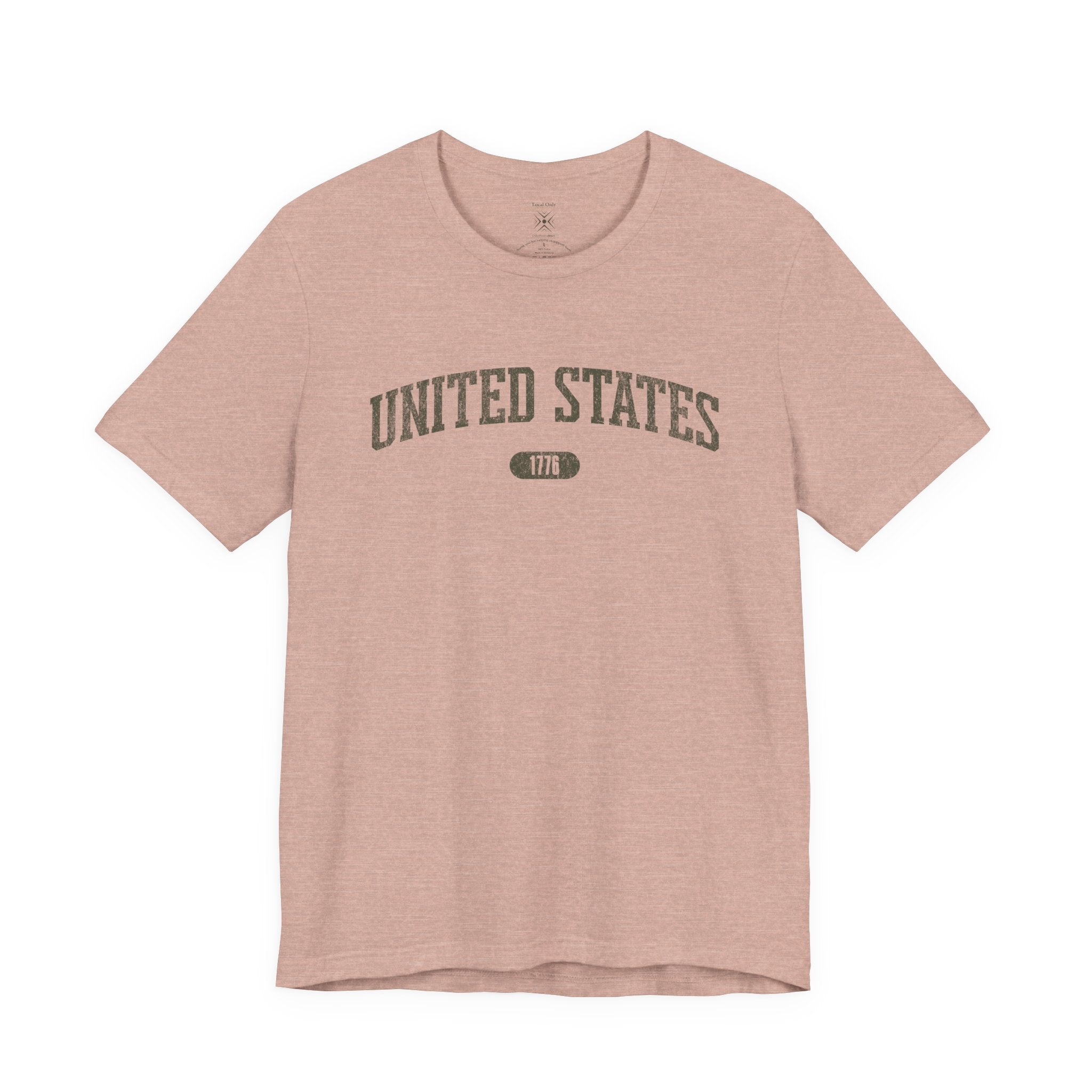 Heather Prism Peach t-shirt with 'UNITED STATES 1776' in olive green collegiate text.