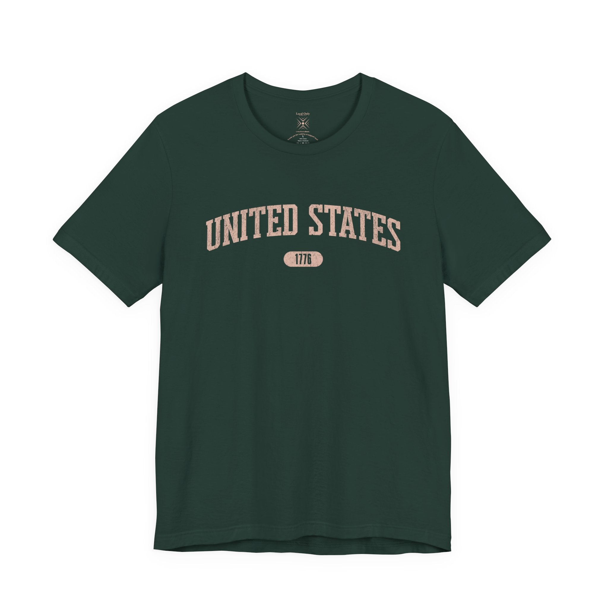 Forest t-shirt with 'UNITED STATES 1776' in transcendent pink collegiate text.