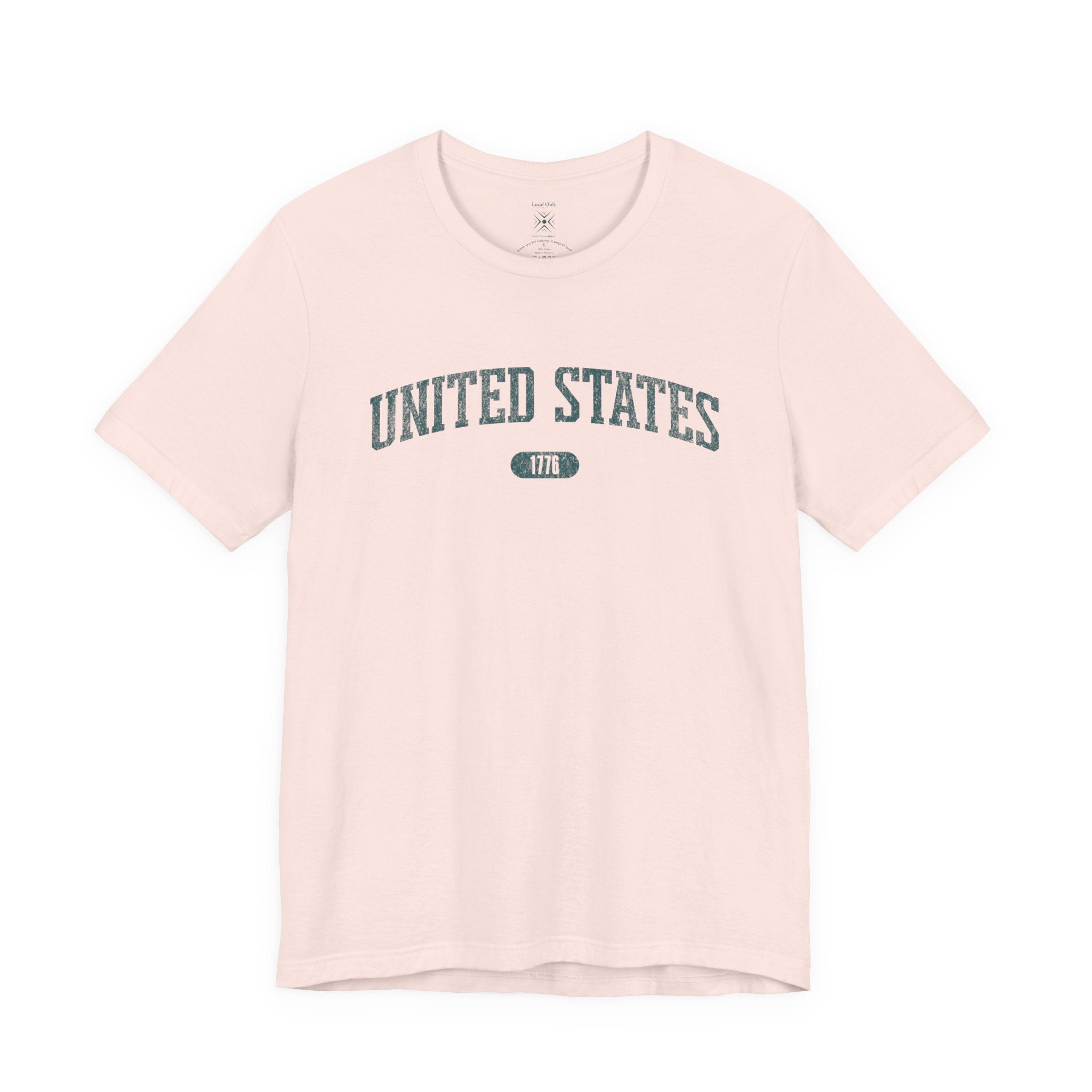 Soft Pink t-shirt with 'UNITED STATES 1776' in teal collegiate text.
