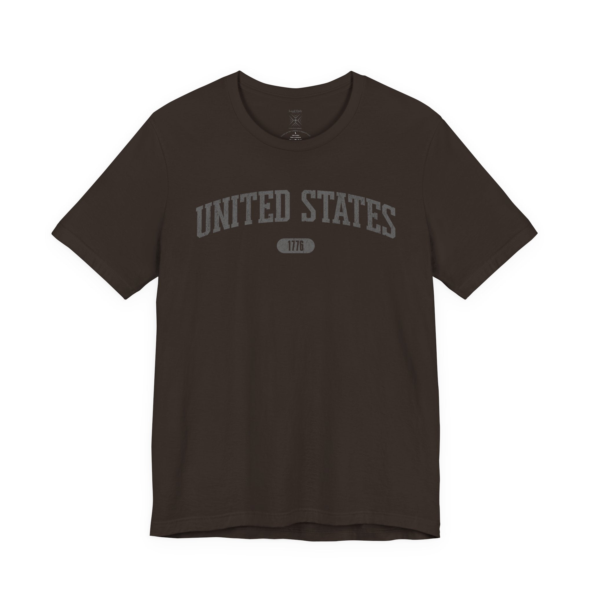 Brown t-shirt with 'UNITED STATES 1776' in gray collegiate text.