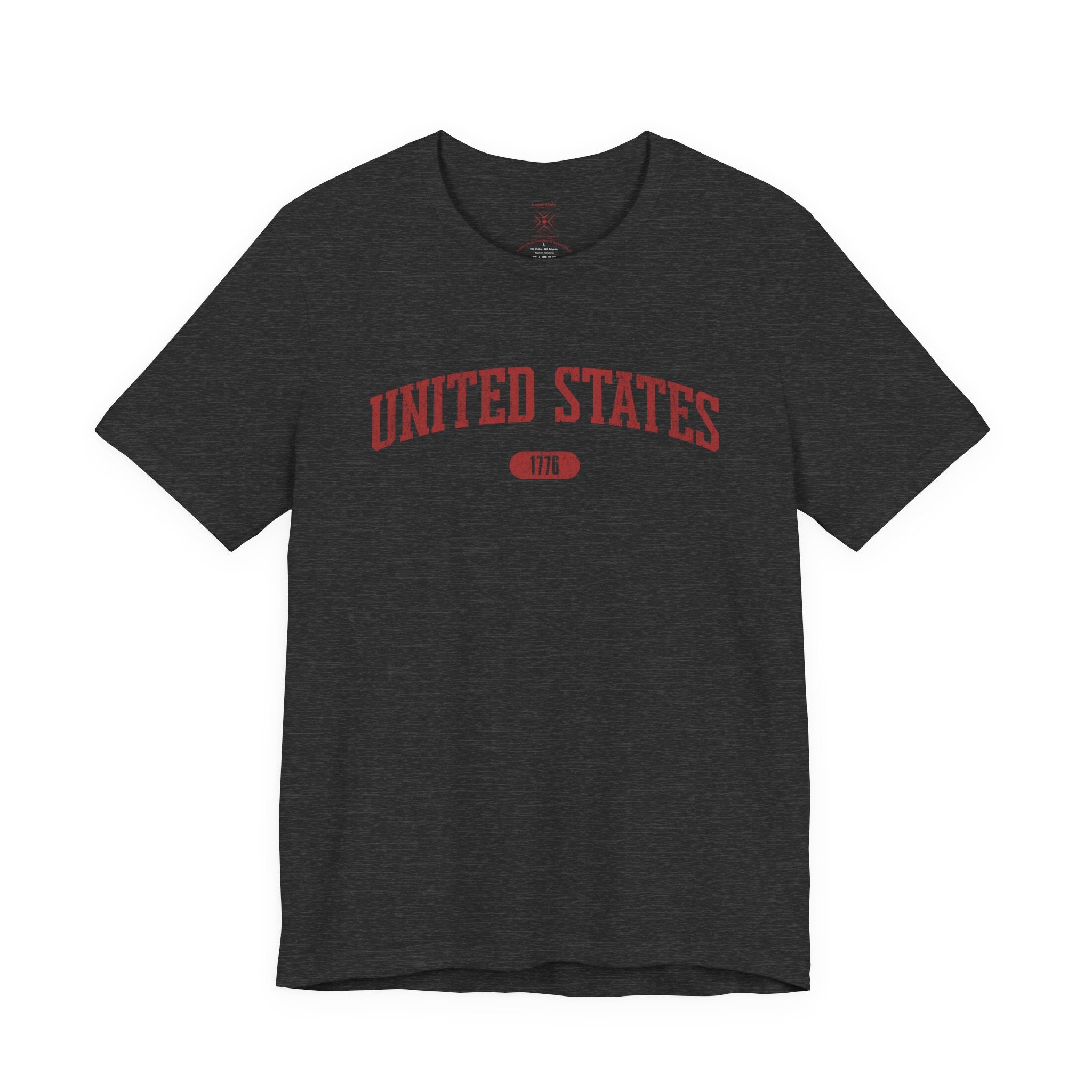 Dark Grey Heather t-shirt with 'UNITED STATES 1776' in red collegiate text.