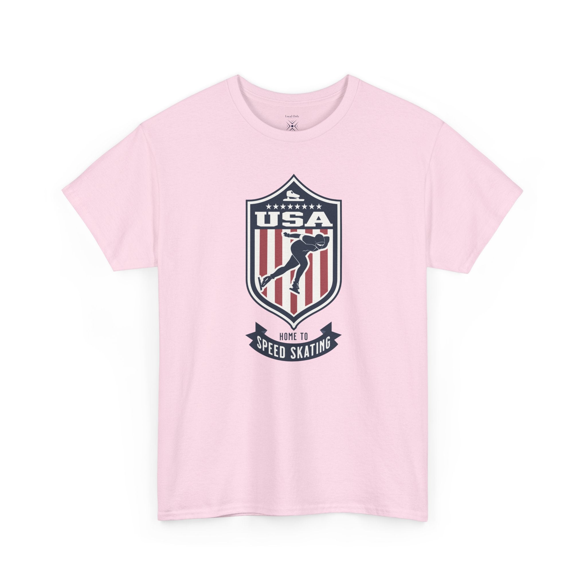 USA Home To Speed Skating Vintage Athletic T-Shirt – Navy Red White Crest Graphic