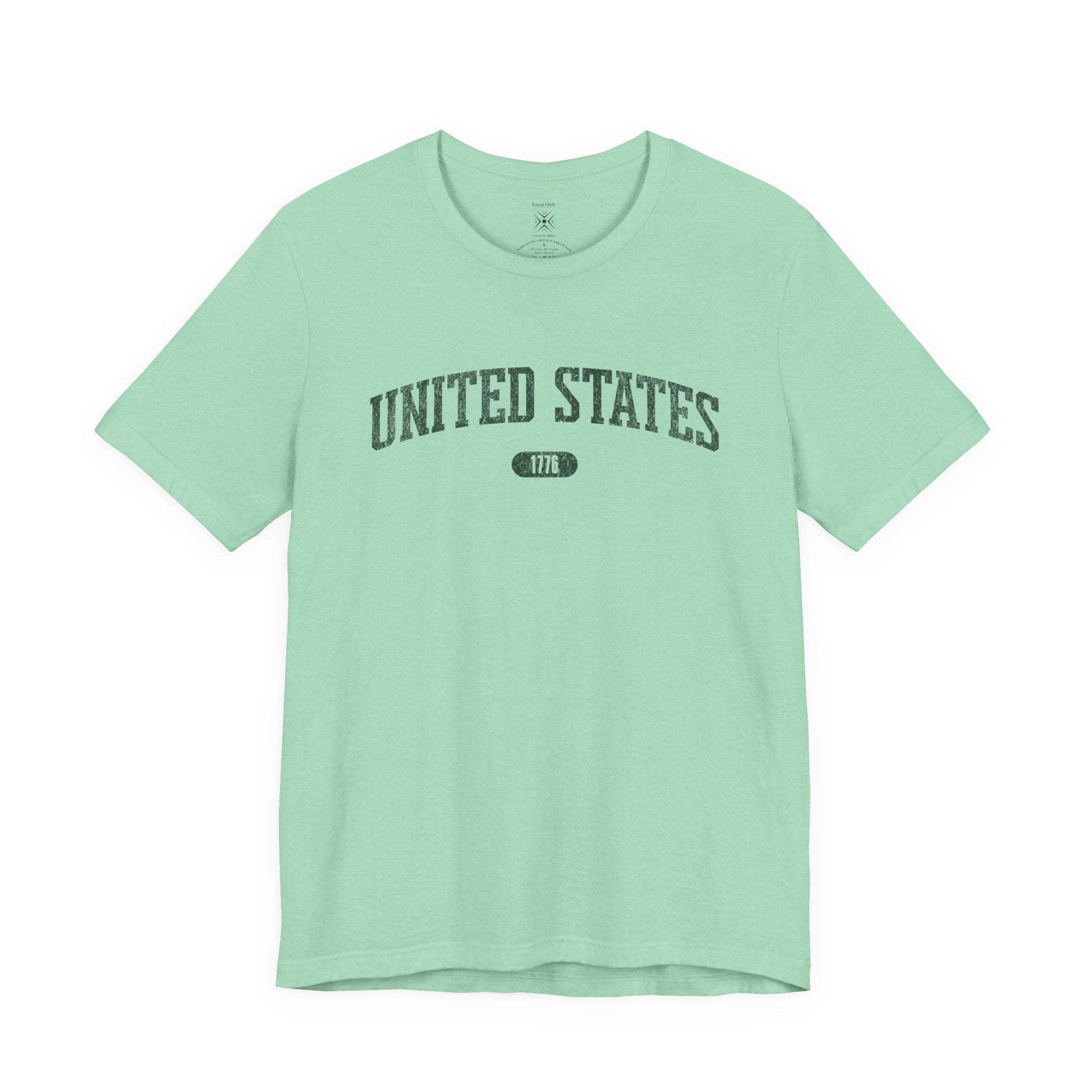 Heather Mint t-shirt with 'UNITED STATES 1776' in forest green collegiate text.