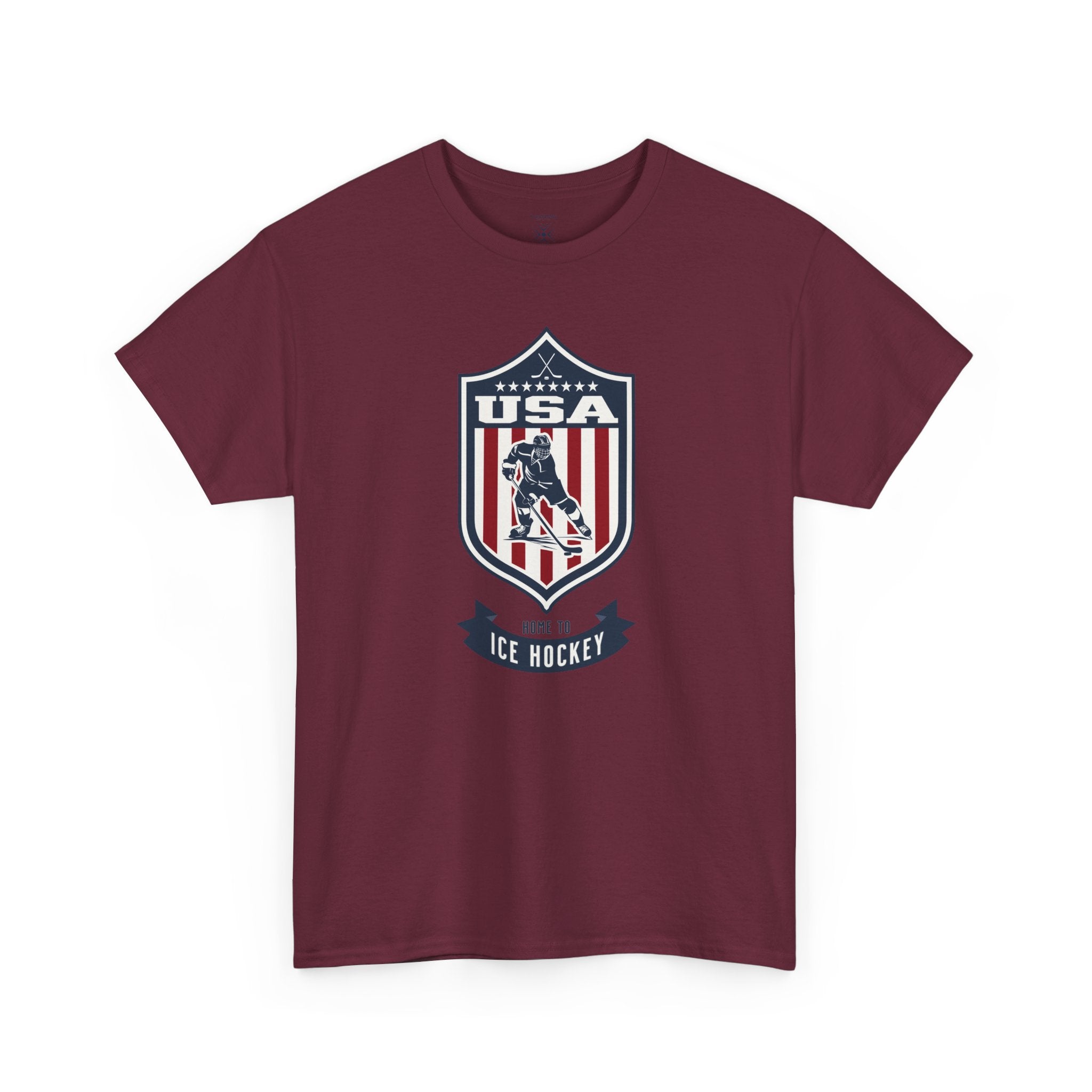 USA Home To Ice Hockey Vintage Athletic T-Shirt – Navy Red White Crest Graphic