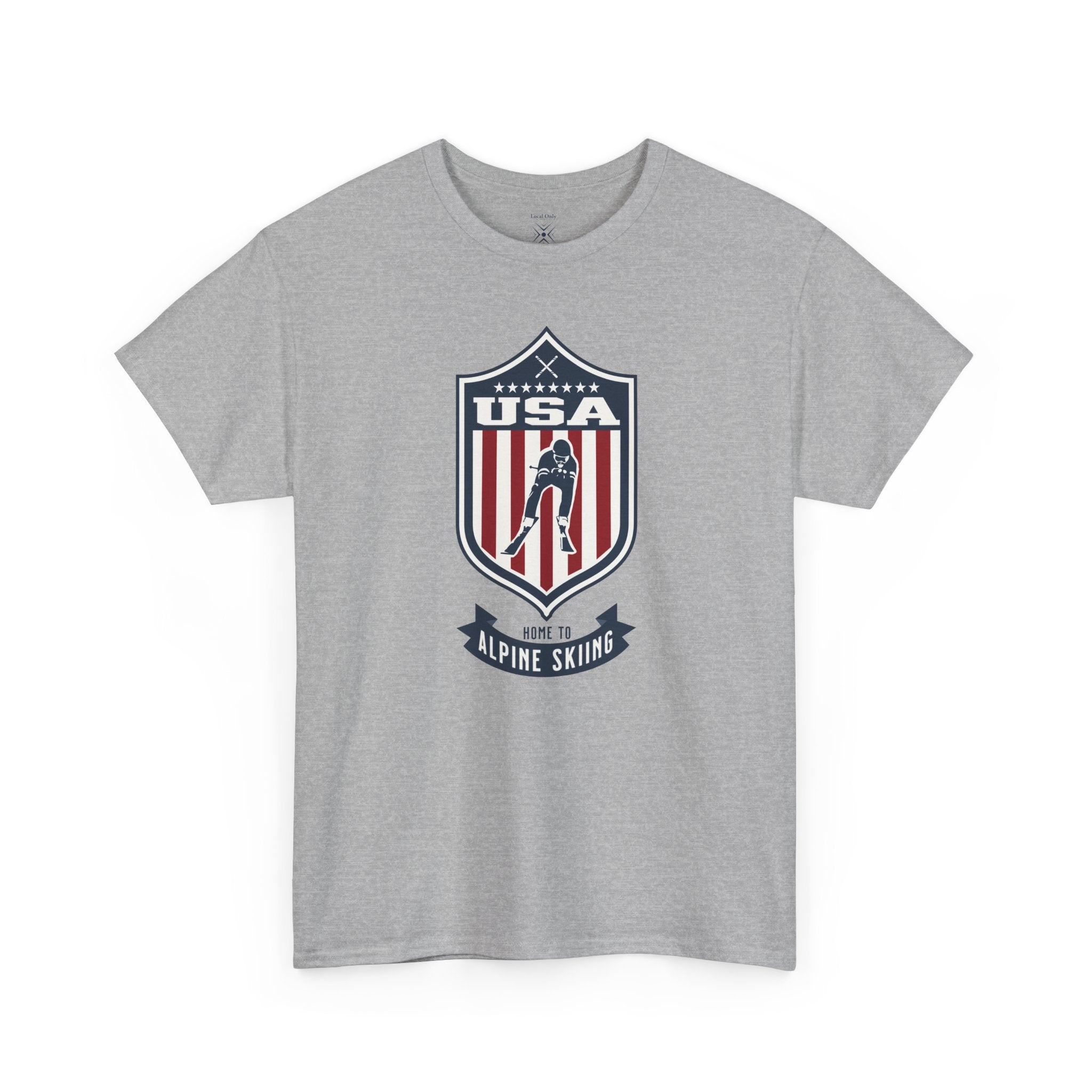 USA Home To Alpine Skiing Vintage Athletic T-Shirt – Navy Red White Crest Graphic
