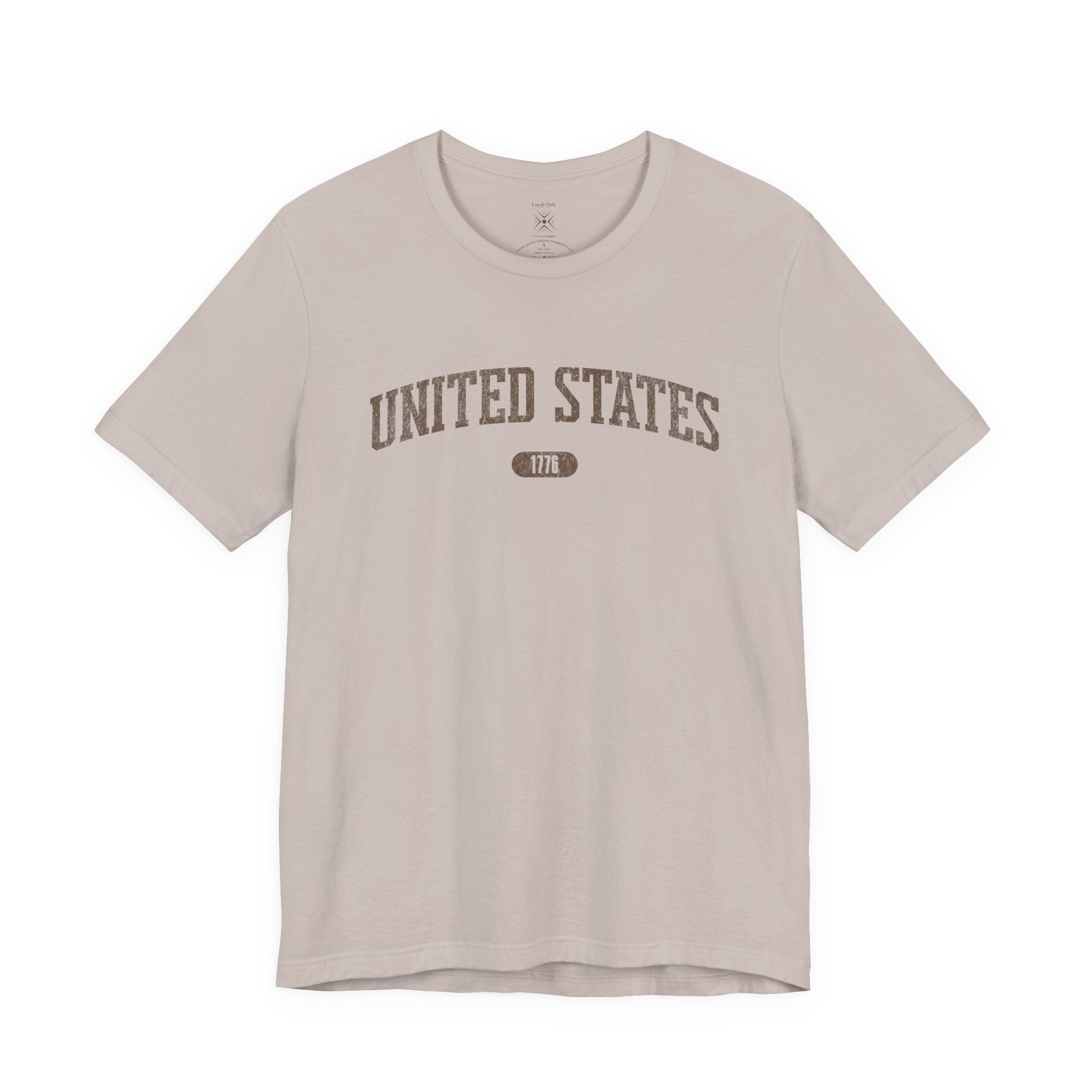 Heather Cool Gray t-shirt with 'UNITED STATES 1776' in brown collegiate text.