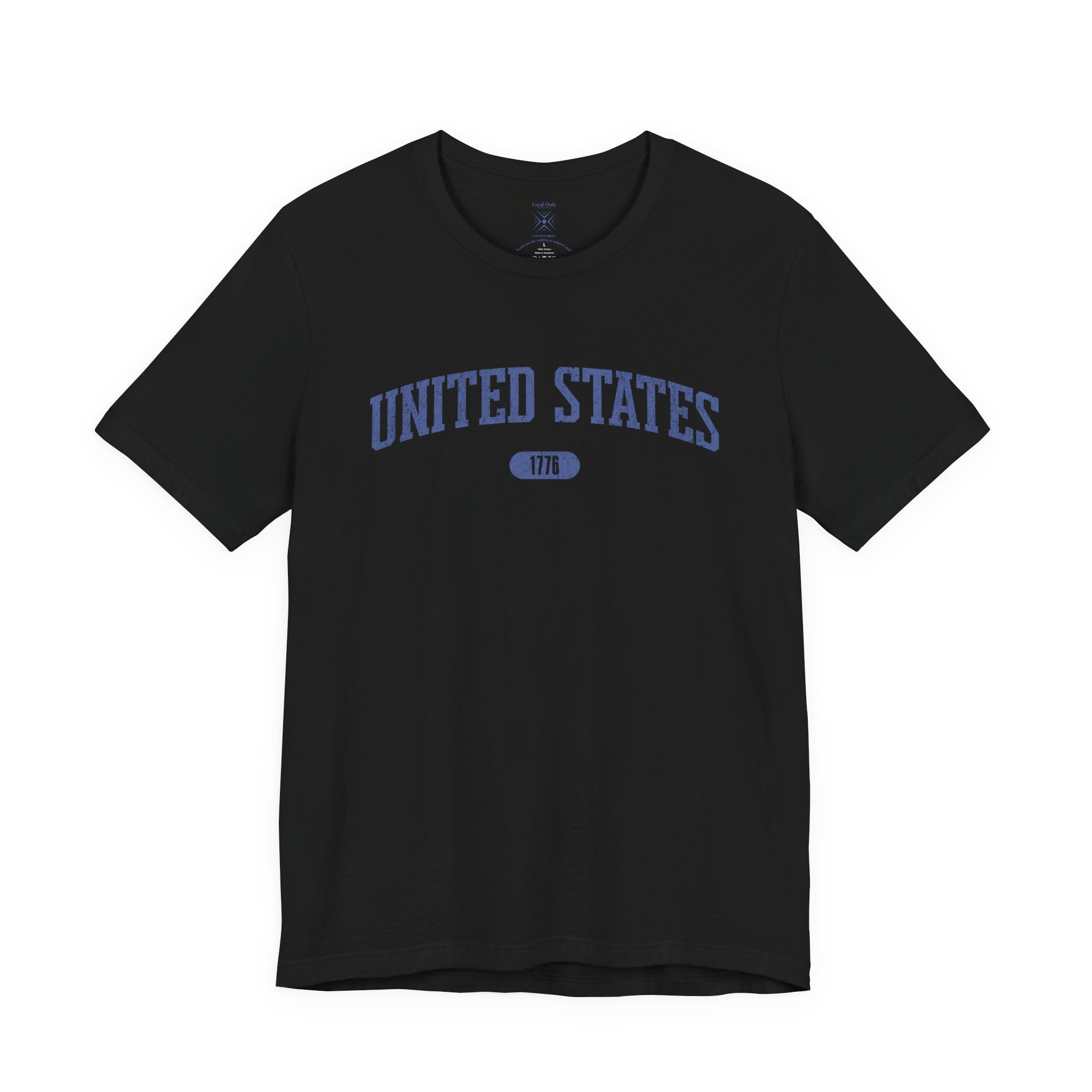 Black t-shirt with 'UNITED STATES 1776' in blue collegiate text.