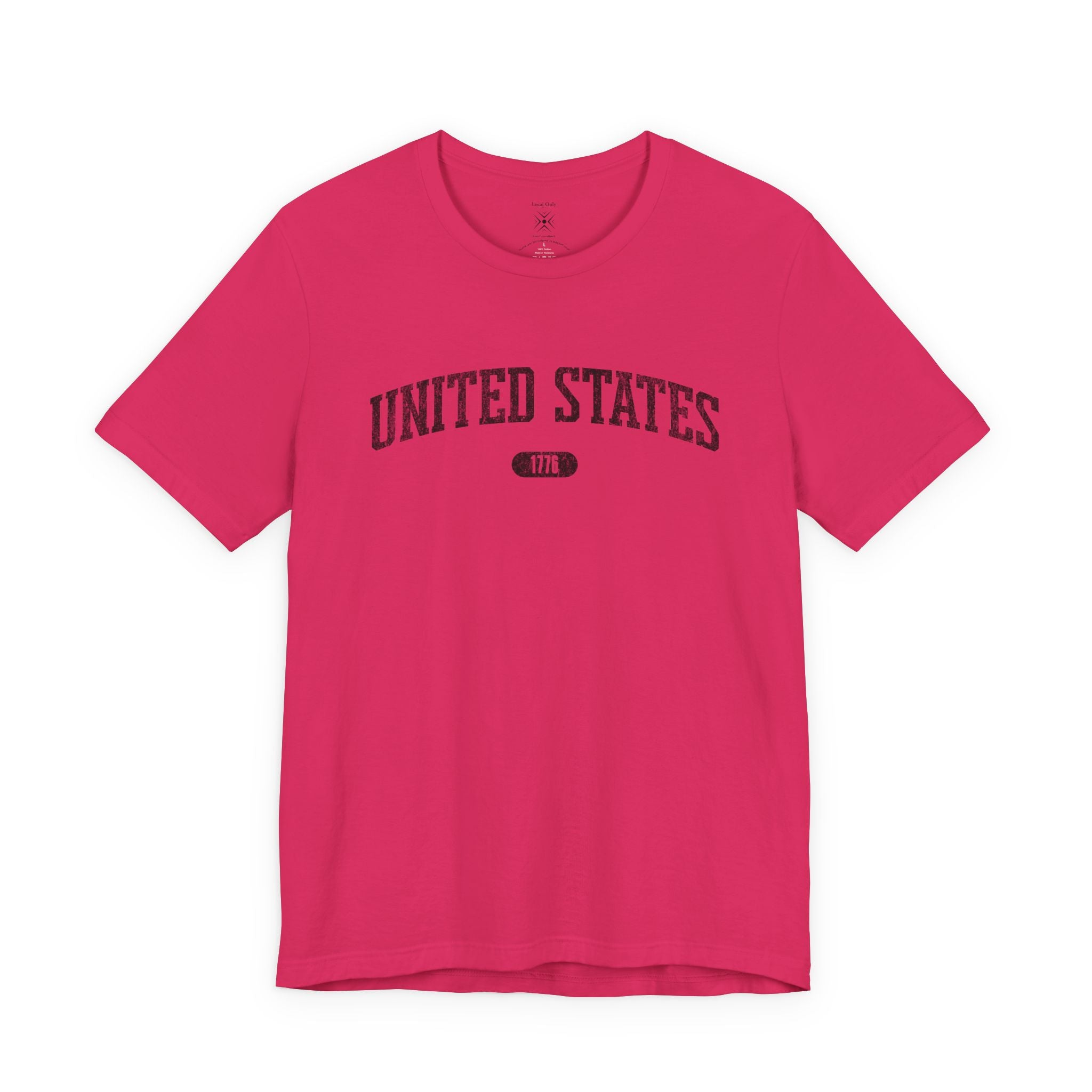 Fuchsia t-shirt with 'UNITED STATES 1776' in black collegiate text.