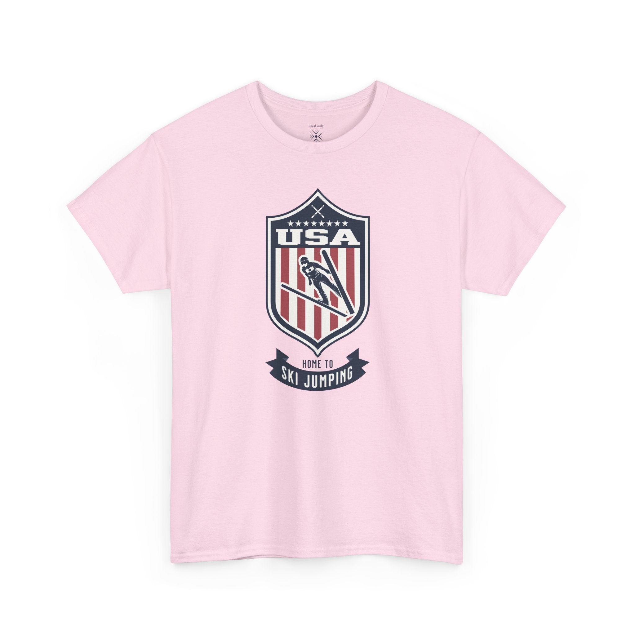 USA Home To Ski Jumping Vintage Athletic T-Shirt – Navy Red White Crest Graphic