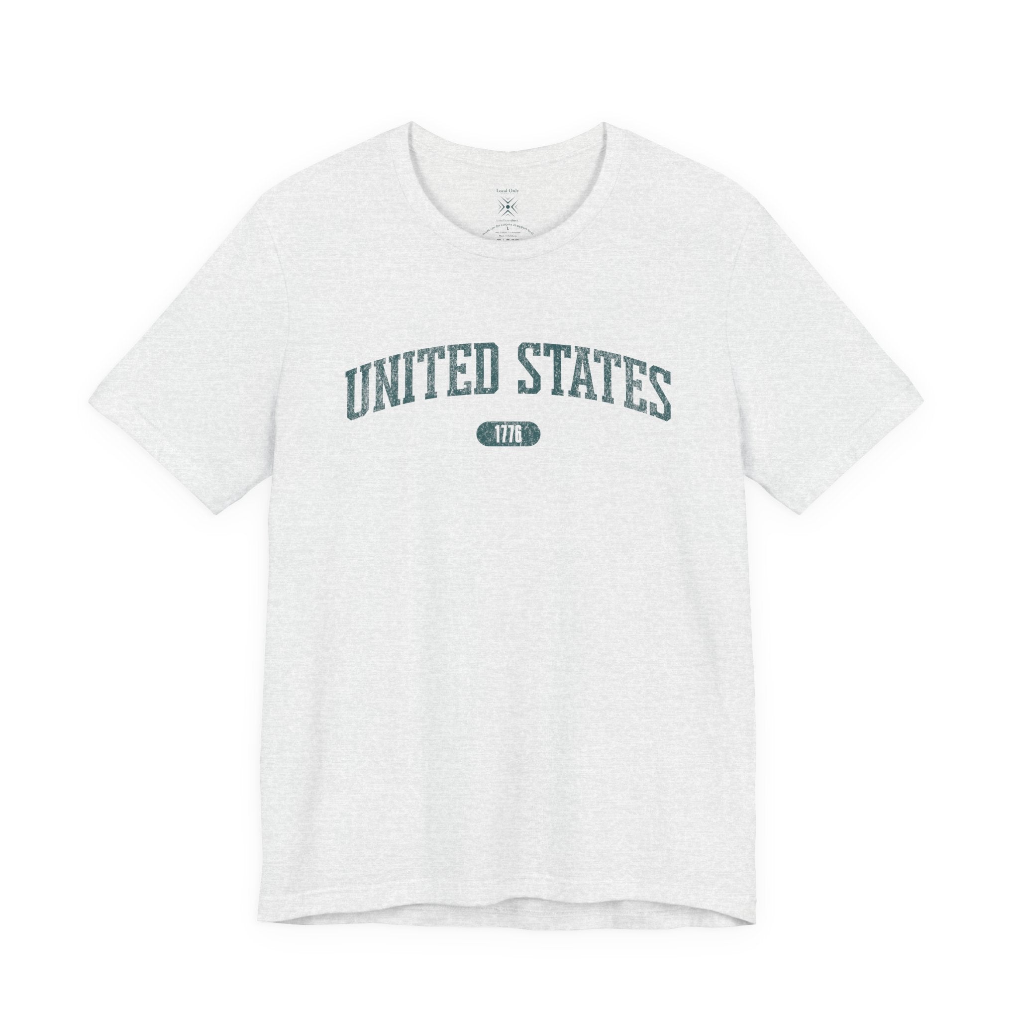 Ash t-shirt with 'UNITED STATES 1776' in teal collegiate text.