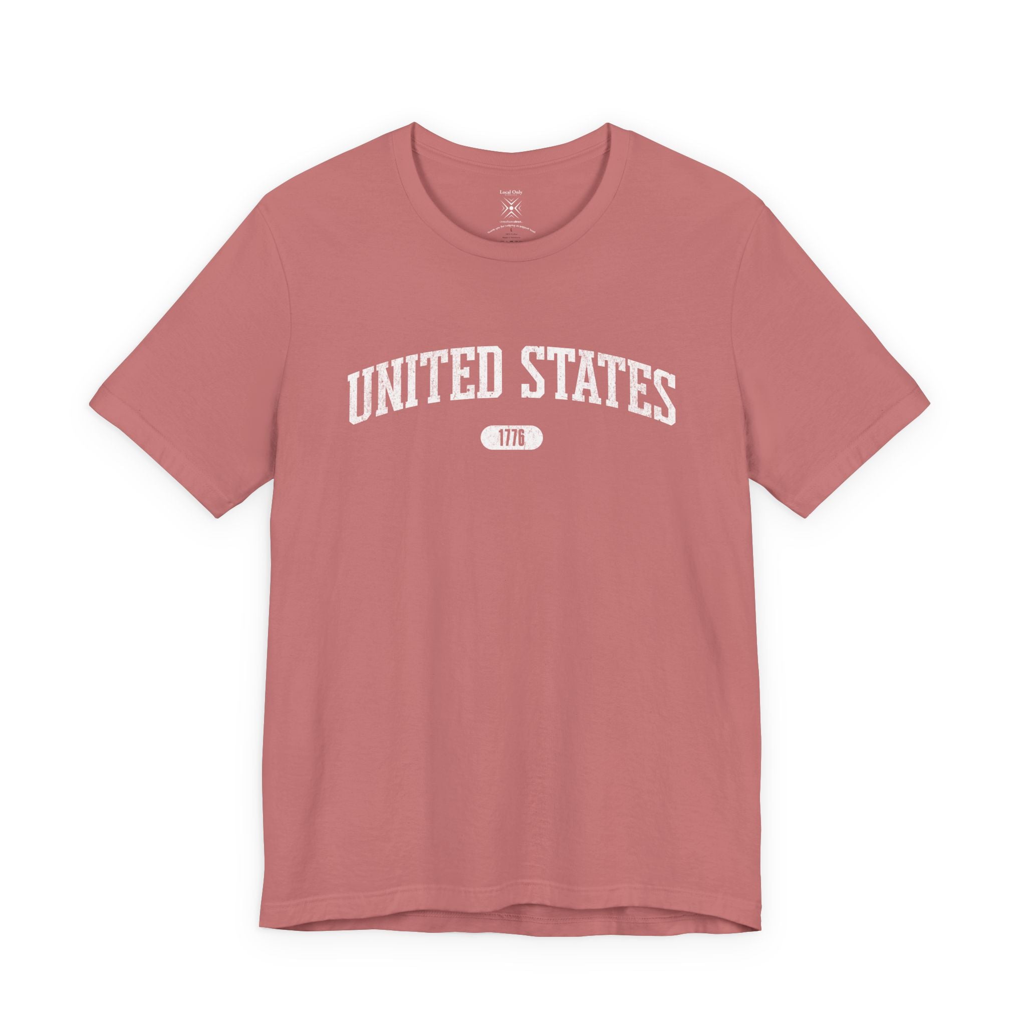 Mauve t-shirt with 'UNITED STATES 1776' white collegiate text.