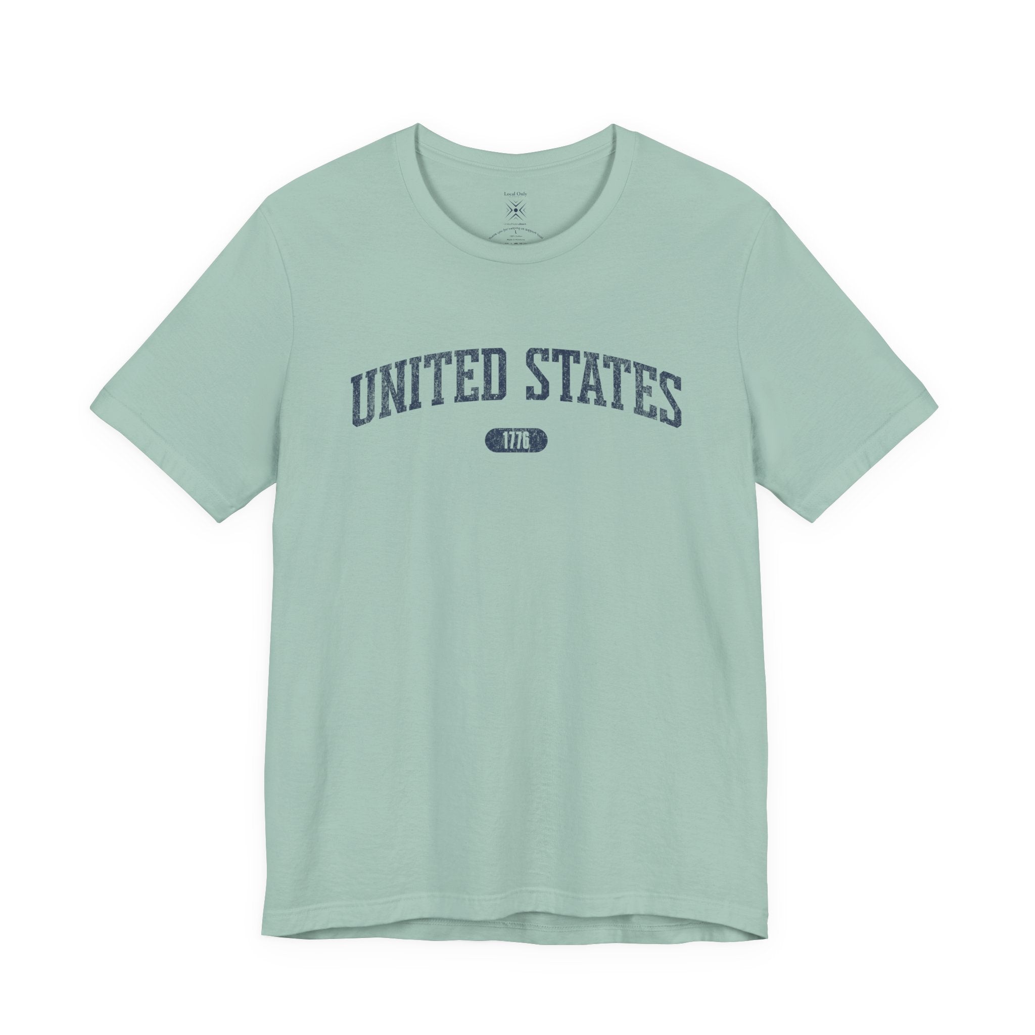 Dusty Blue t-shirt with 'UNITED STATES 1776' in navy collegiate text.